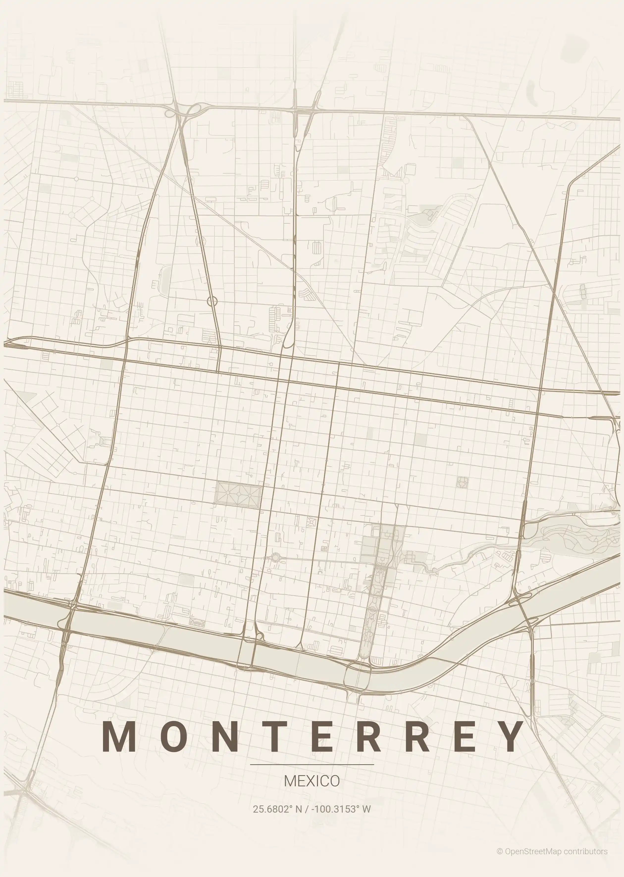 Minimalist warm_beige street map of Monterrey, Mexico - Urban grid art