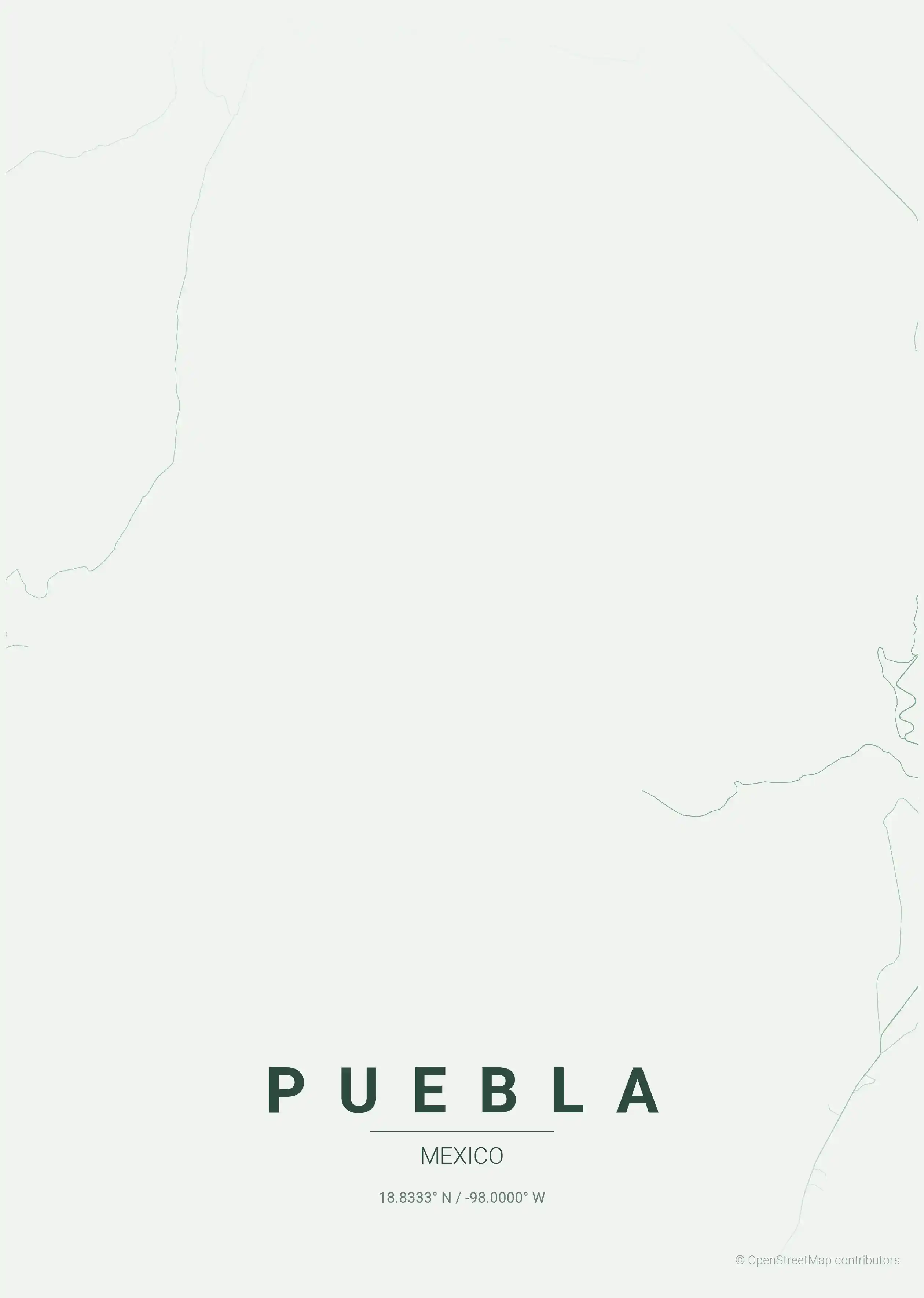 Minimalist forest street map of Puebla, Mexico - Urban grid art