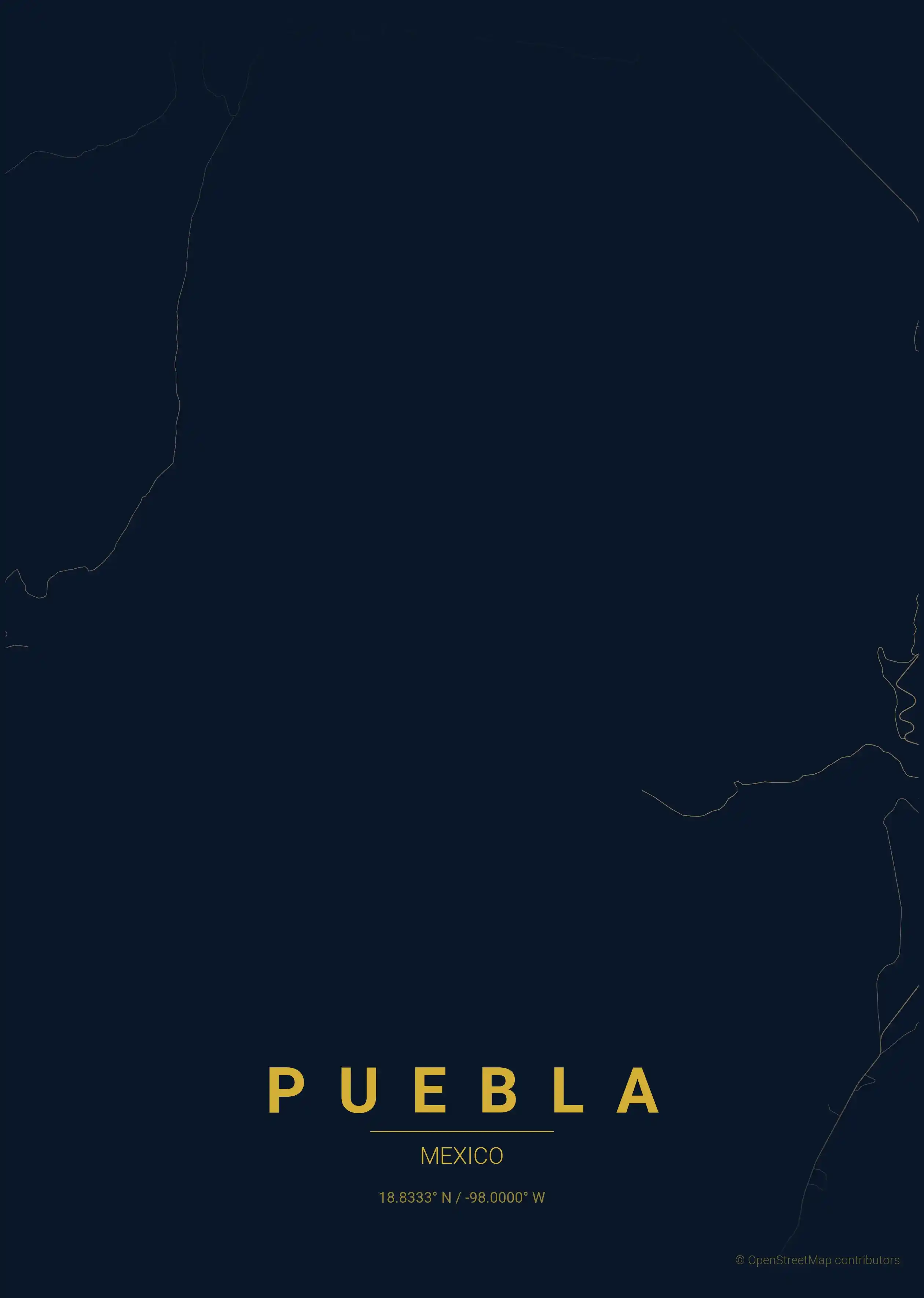 Minimalist midnight_blue street map of Puebla, Mexico - Urban grid art