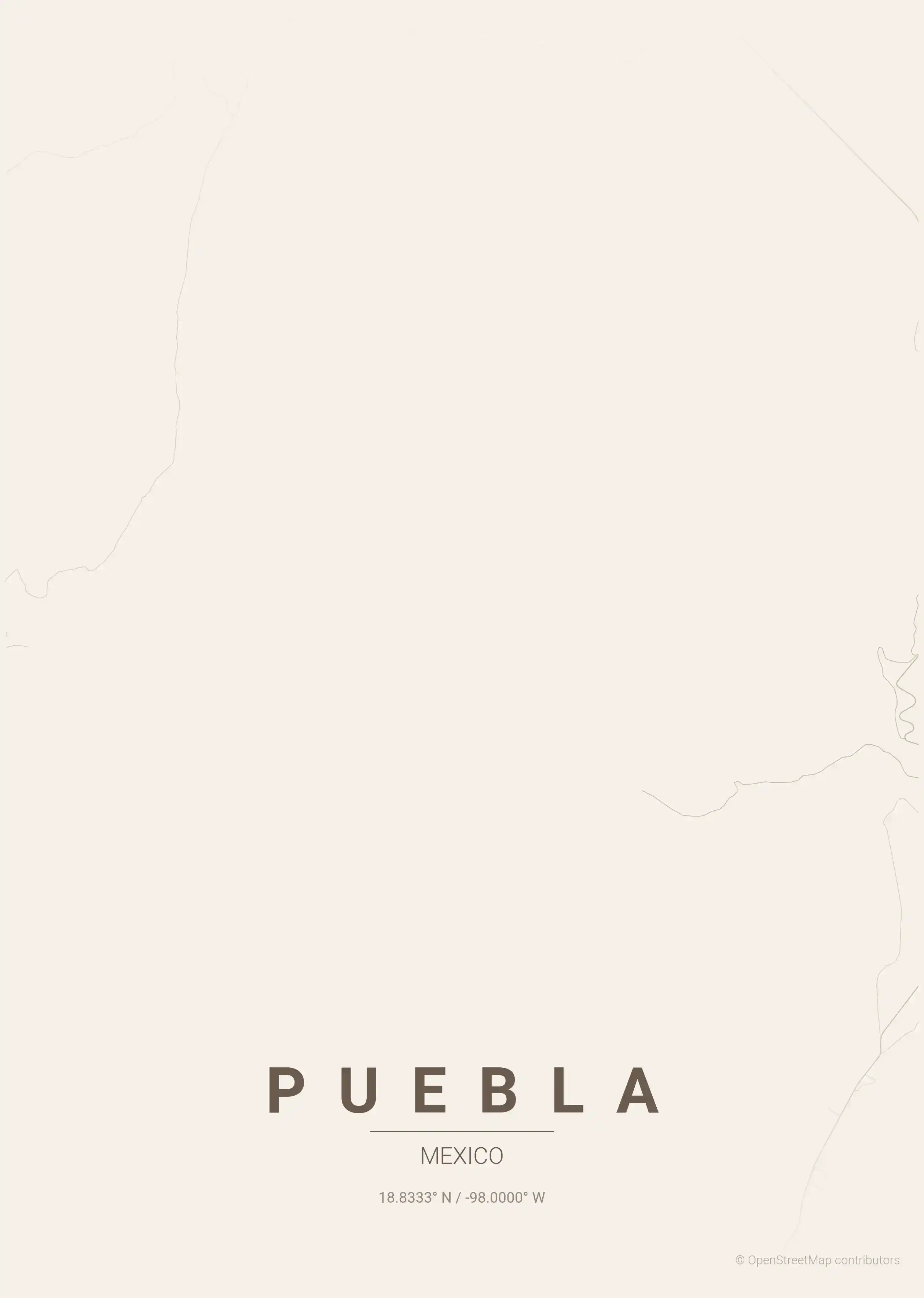 Minimalist warm_beige street map of Puebla, Mexico - Urban grid art