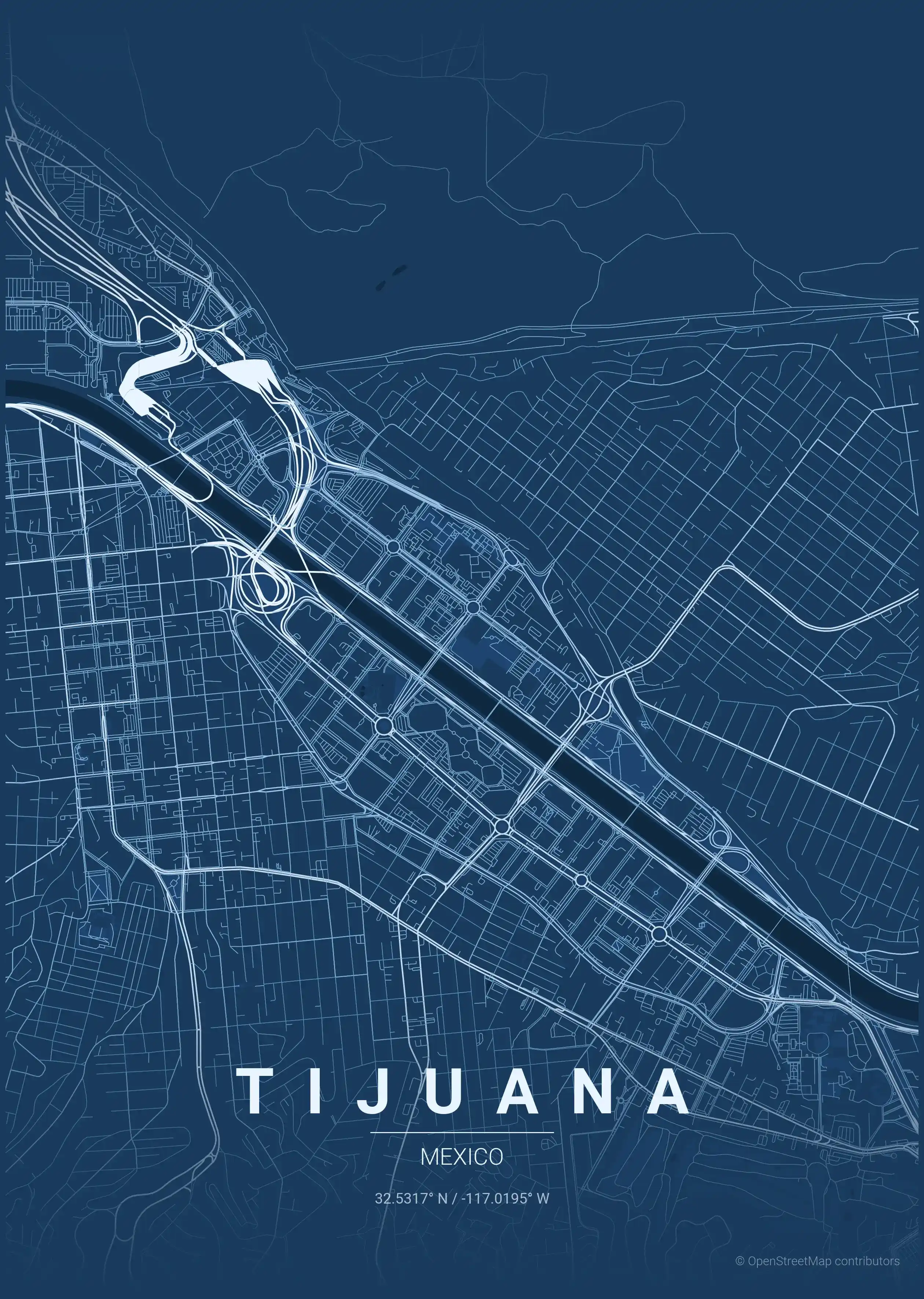 Minimalist blueprint street map of Tijuana, Mexico - Urban grid art