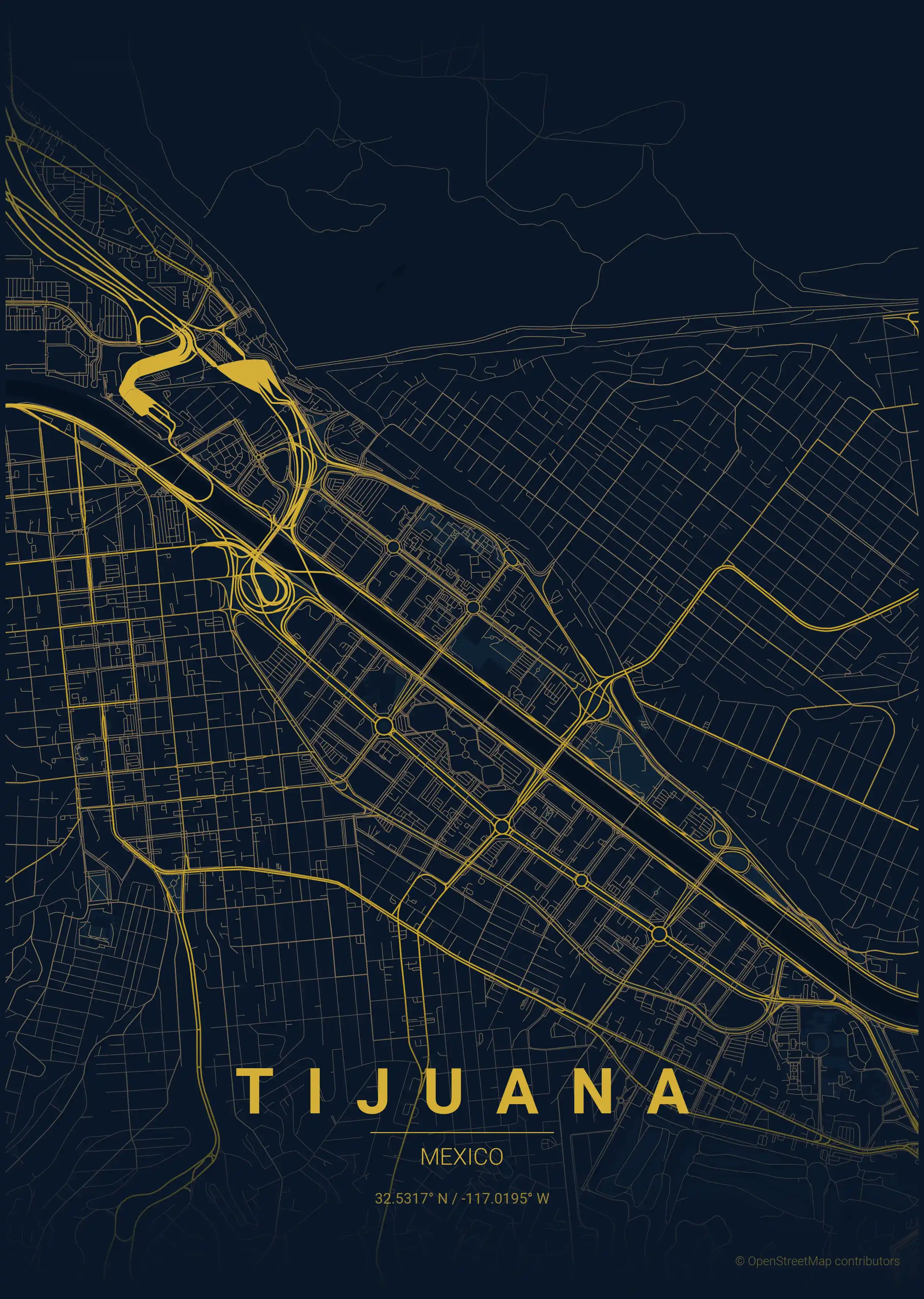 Minimalist midnight_blue street map of Tijuana, Mexico - Urban grid art
