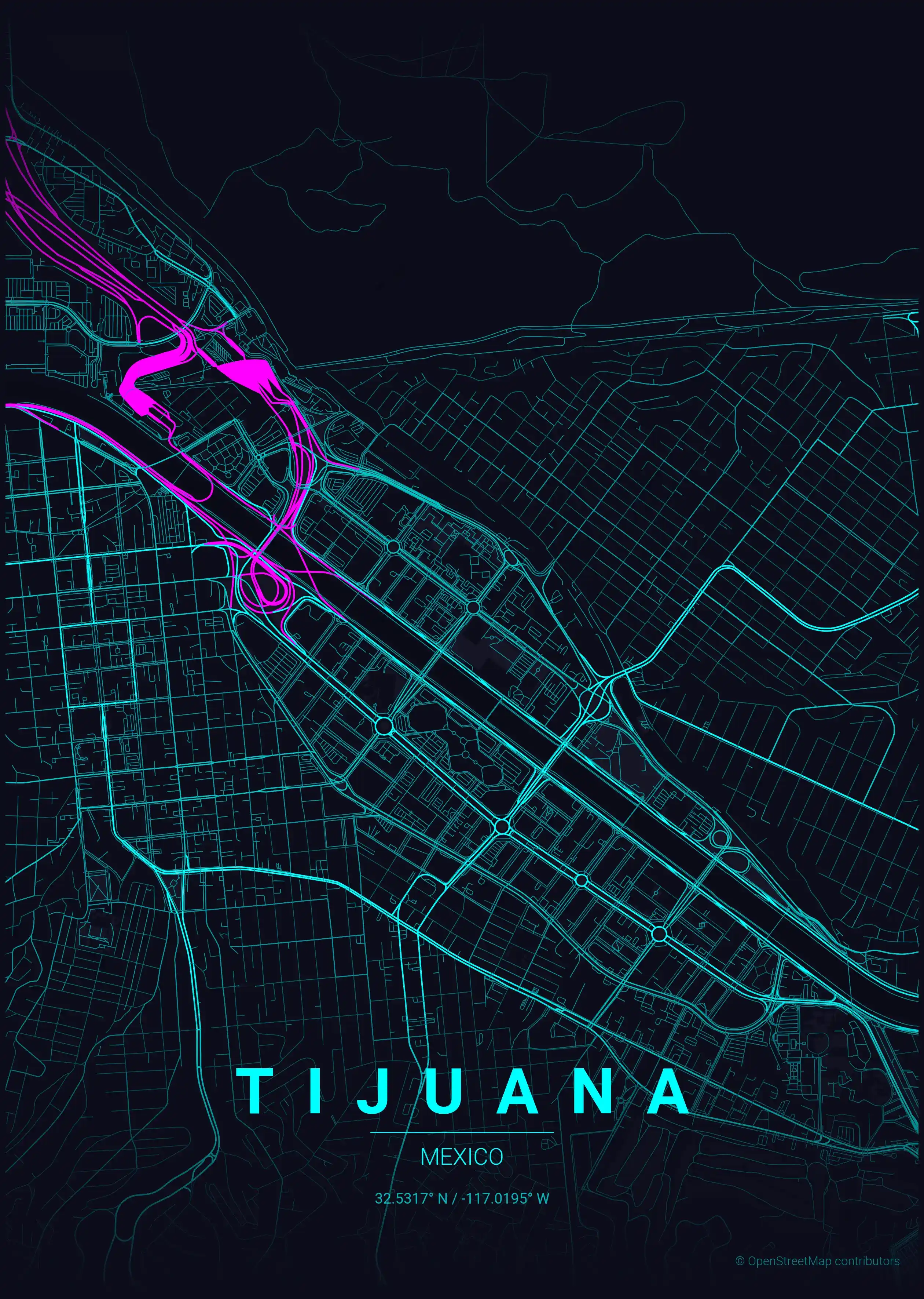 Minimalist neon_cyberpunk street map of Tijuana, Mexico - Urban grid art