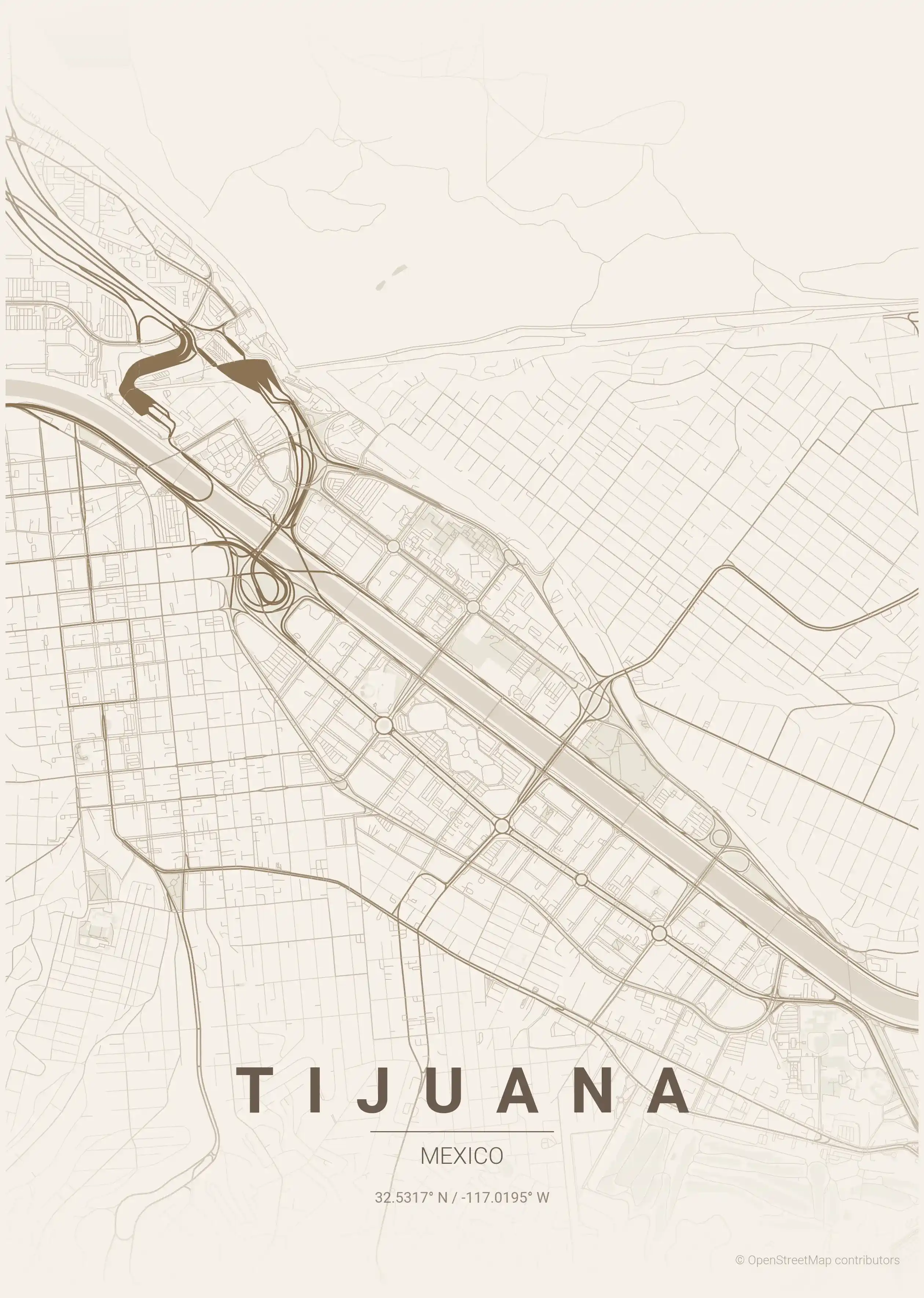 Minimalist warm_beige street map of Tijuana, Mexico - Urban grid art