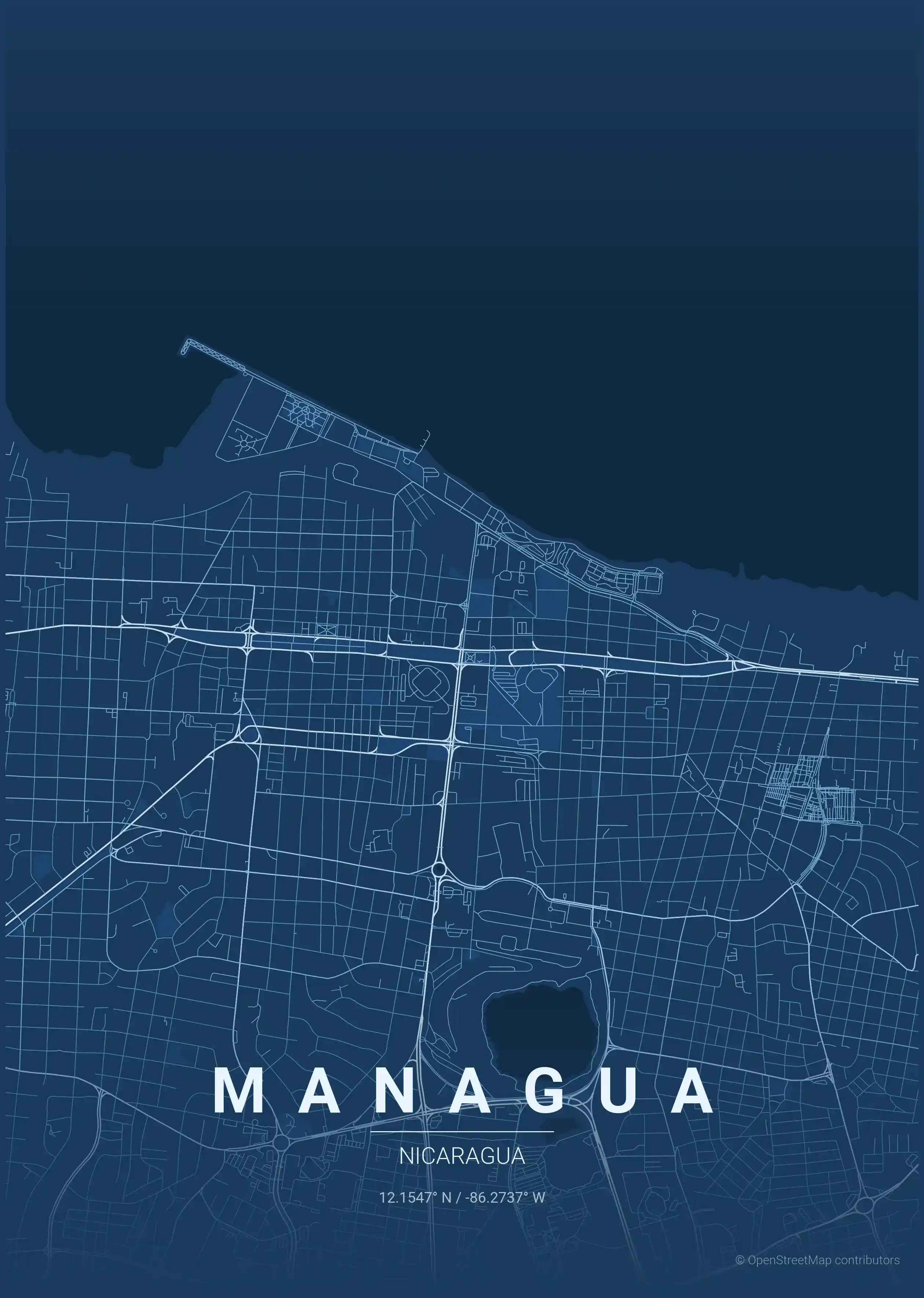 Minimalist blueprint street map of Managua, Nicaragua - Urban grid art