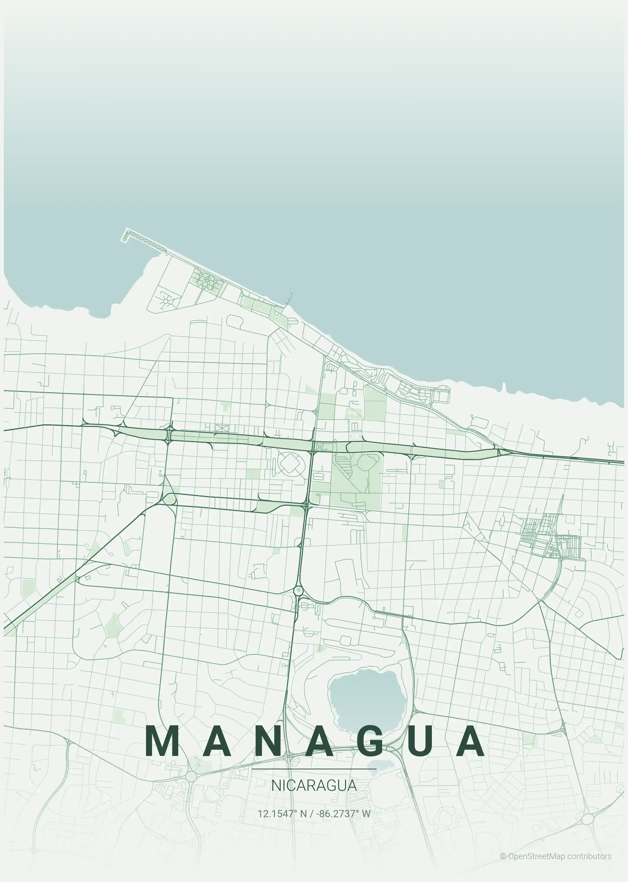 Minimalist forest street map of Managua, Nicaragua - Urban grid art