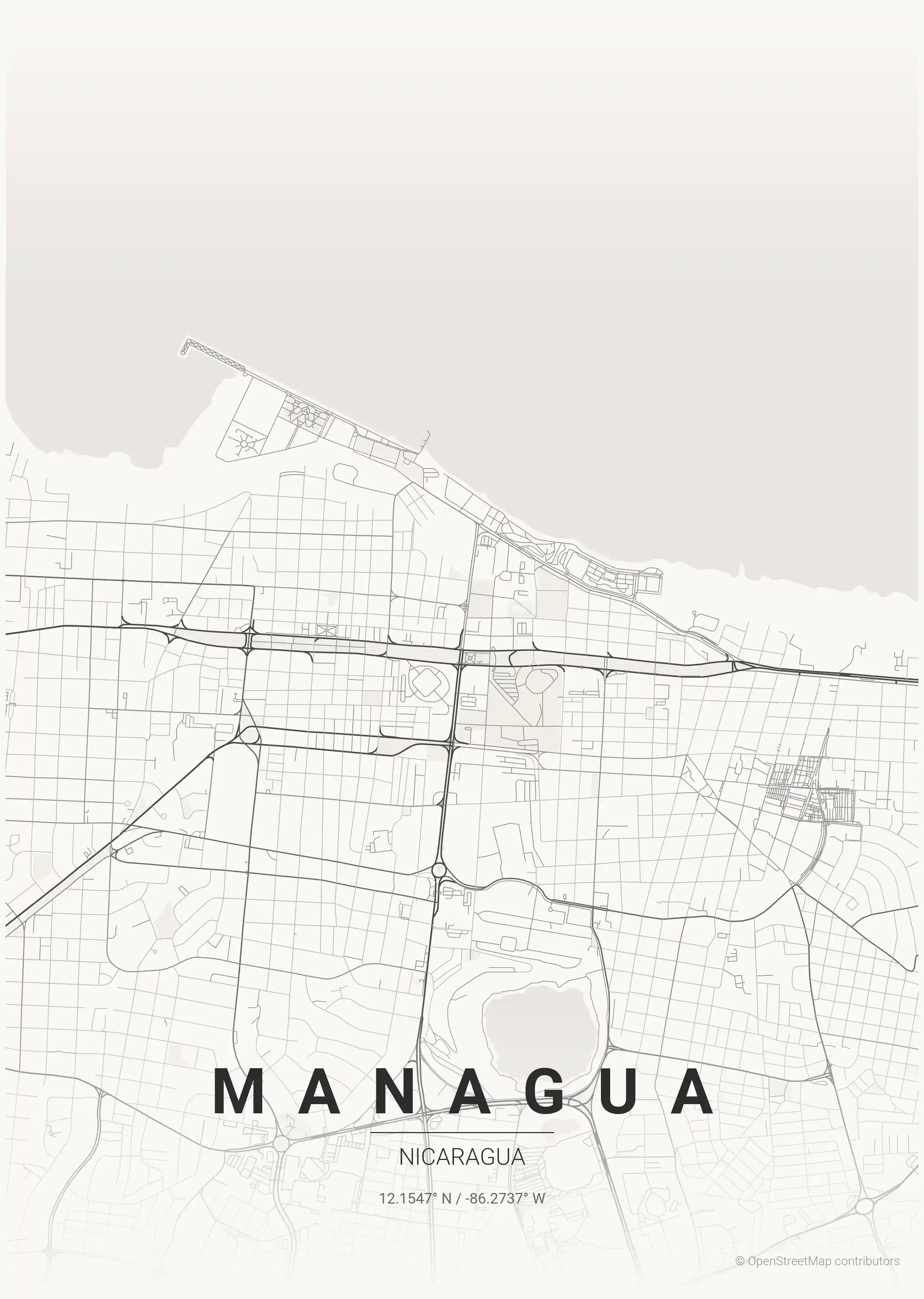 Minimalist japanese_ink street map of Managua, Nicaragua - Urban grid art