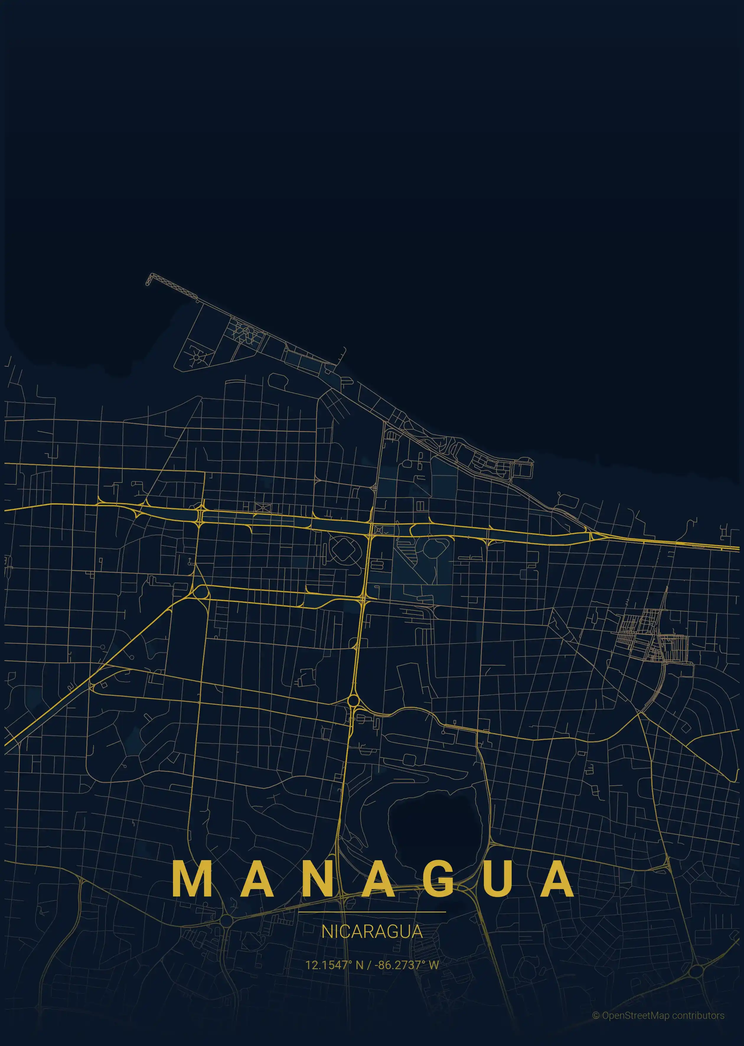 Minimalist midnight_blue street map of Managua, Nicaragua - Urban grid art