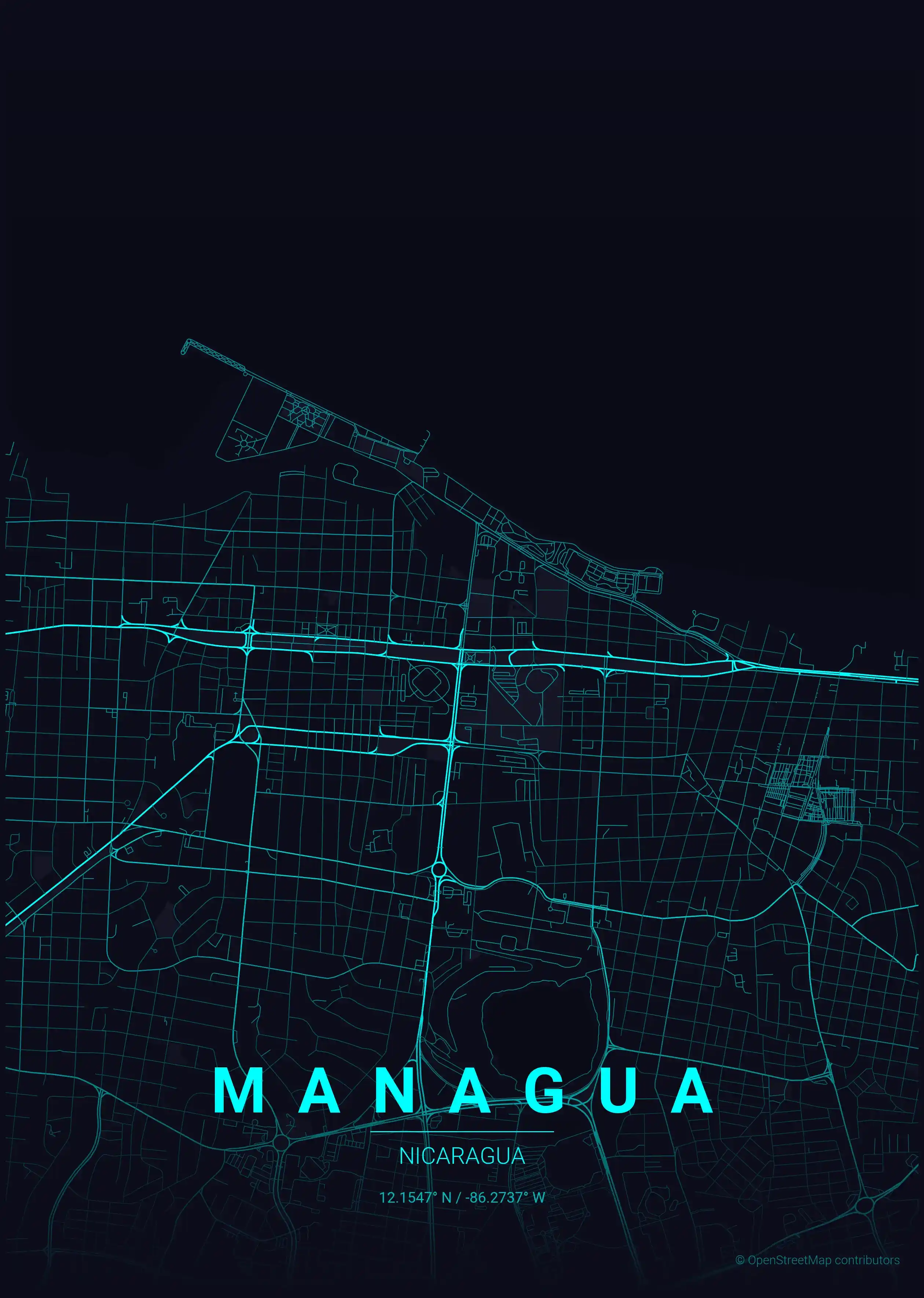 Minimalist neon_cyberpunk street map of Managua, Nicaragua - Urban grid art