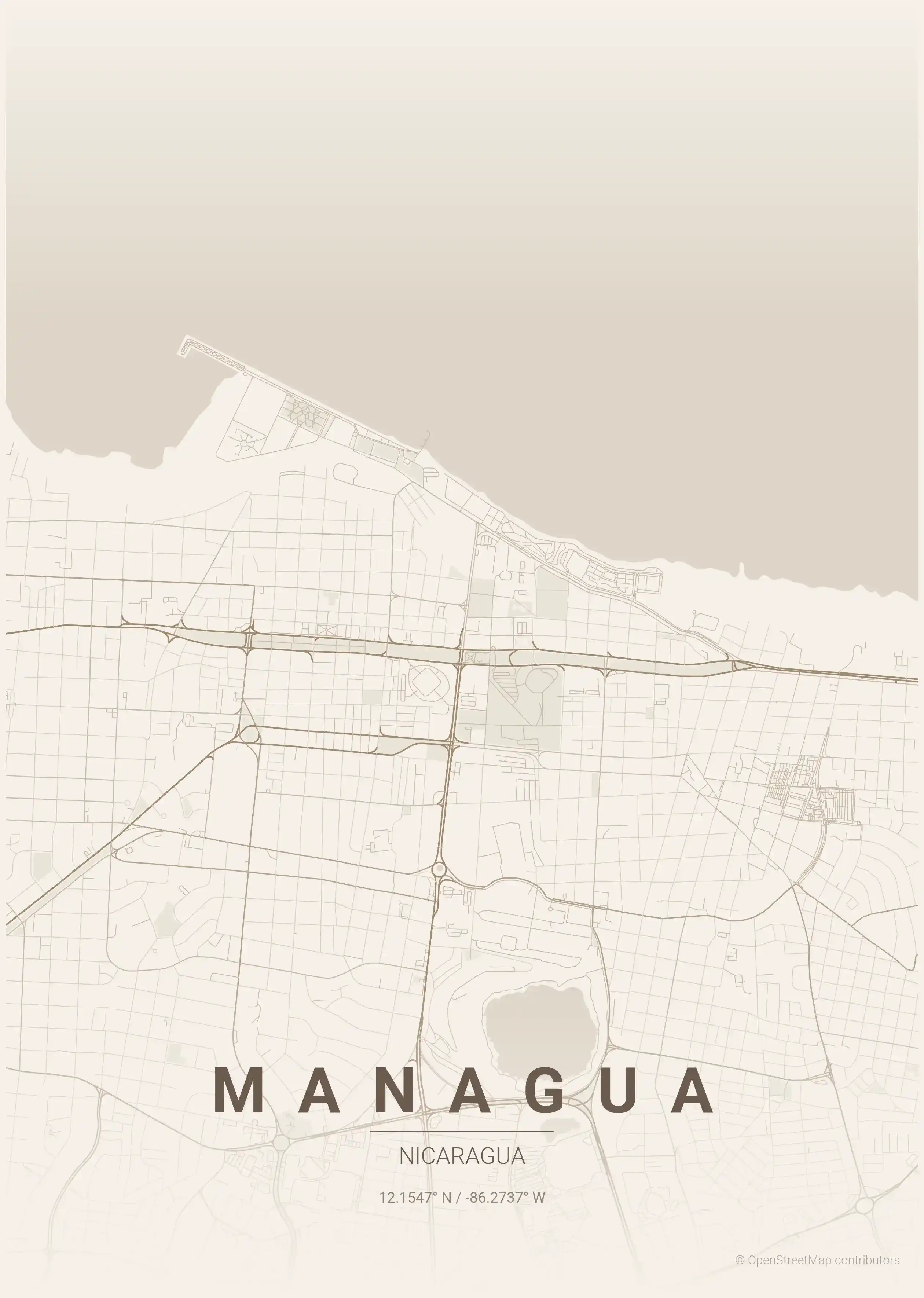 Minimalist warm_beige street map of Managua, Nicaragua - Urban grid art