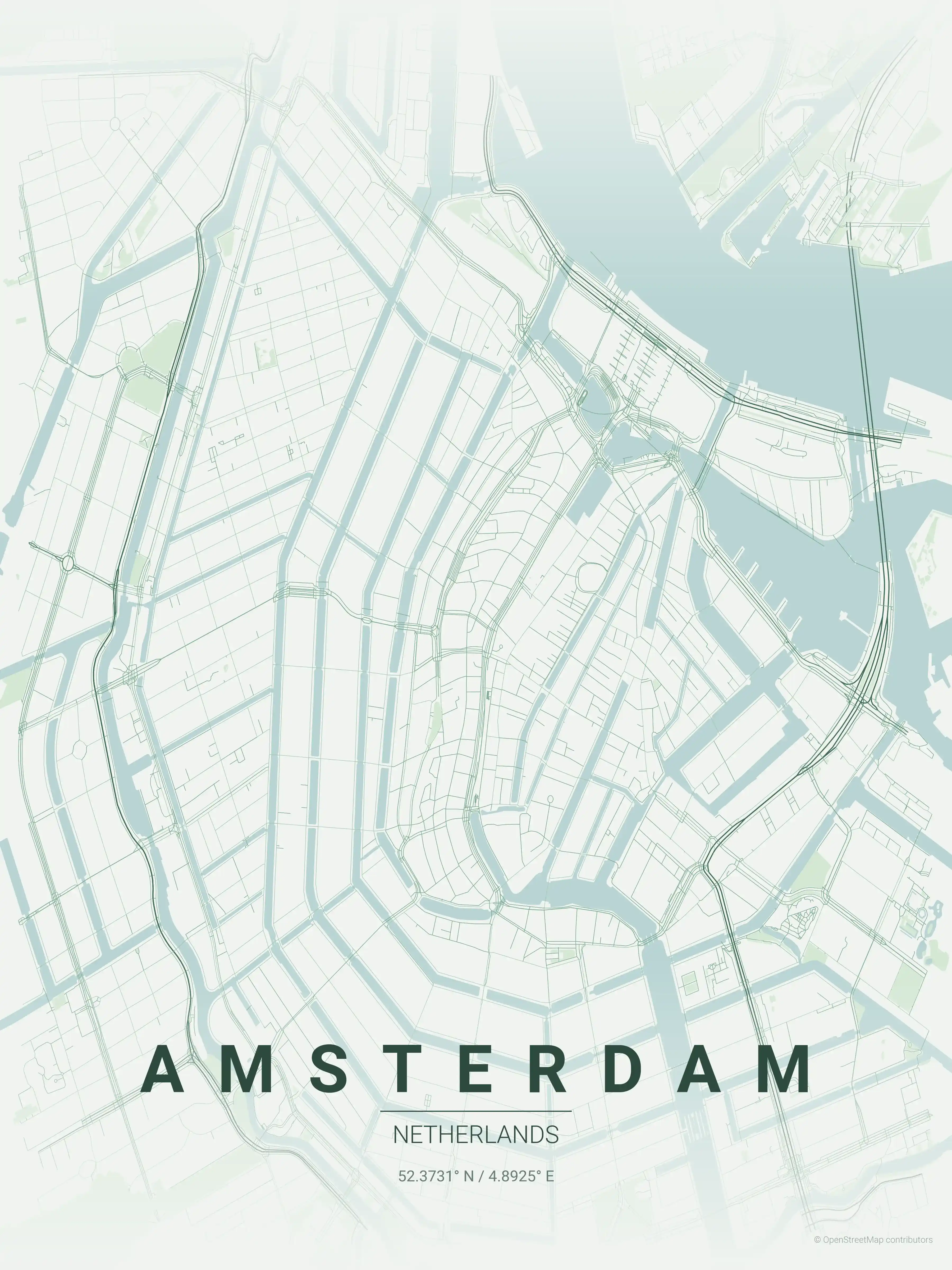 Minimalist forest street map of Amsterdam, Netherlands - Urban grid art
