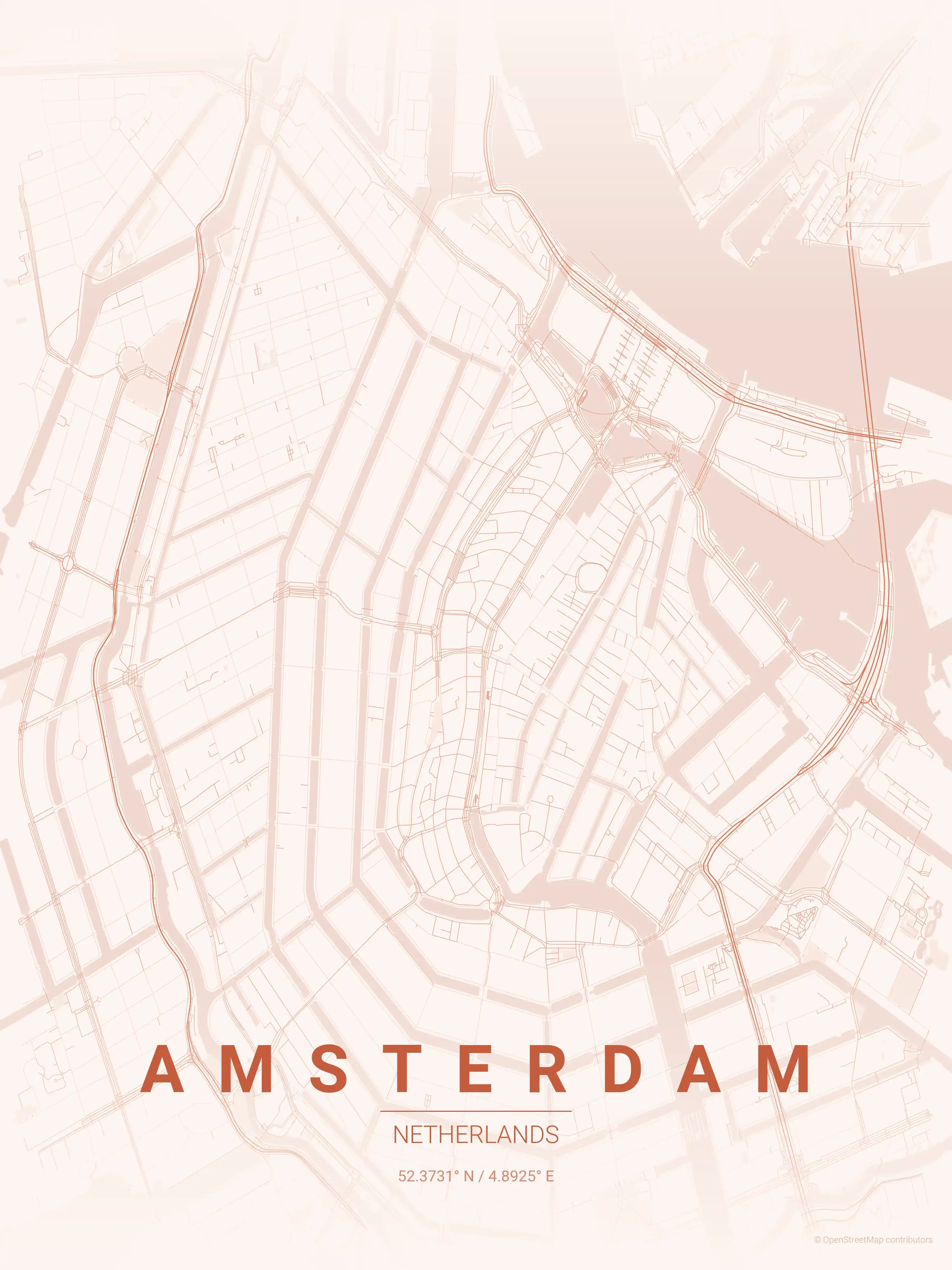 Minimalist sunset street map of Amsterdam, Netherlands - Urban grid art