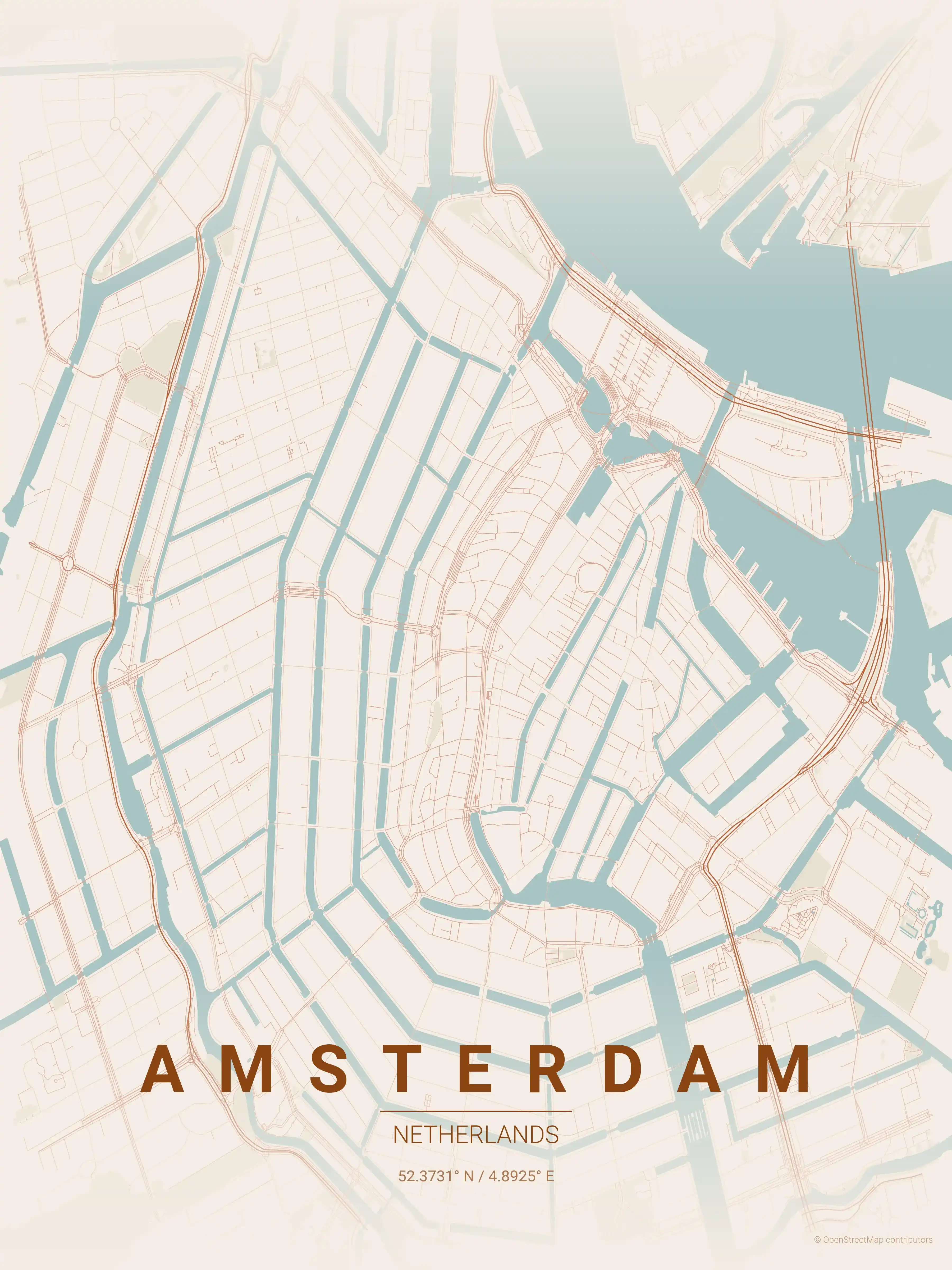 Minimalist terracotta street map of Amsterdam, Netherlands - Urban grid art