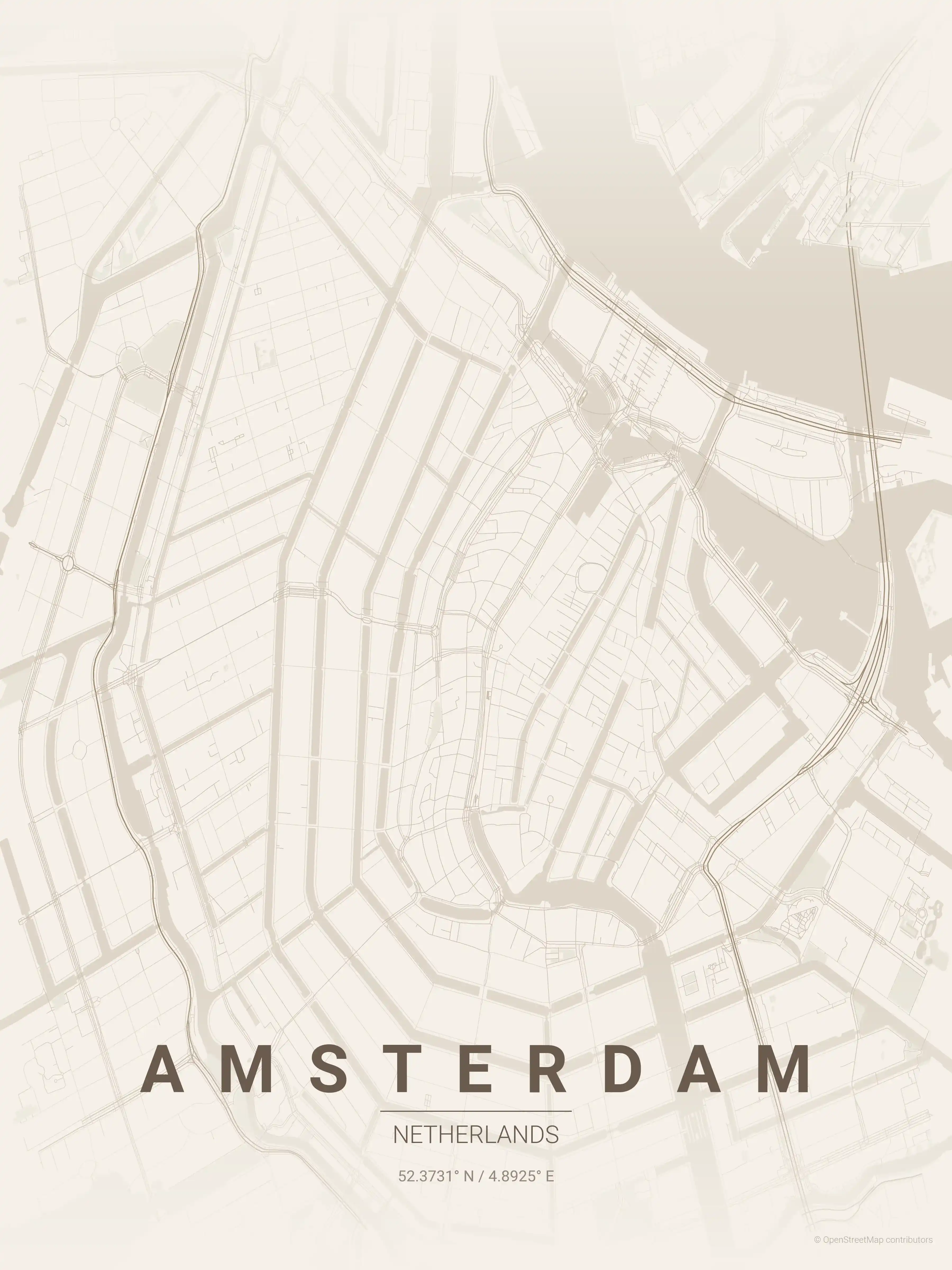 Minimalist warm_beige street map of Amsterdam, Netherlands - Urban grid art