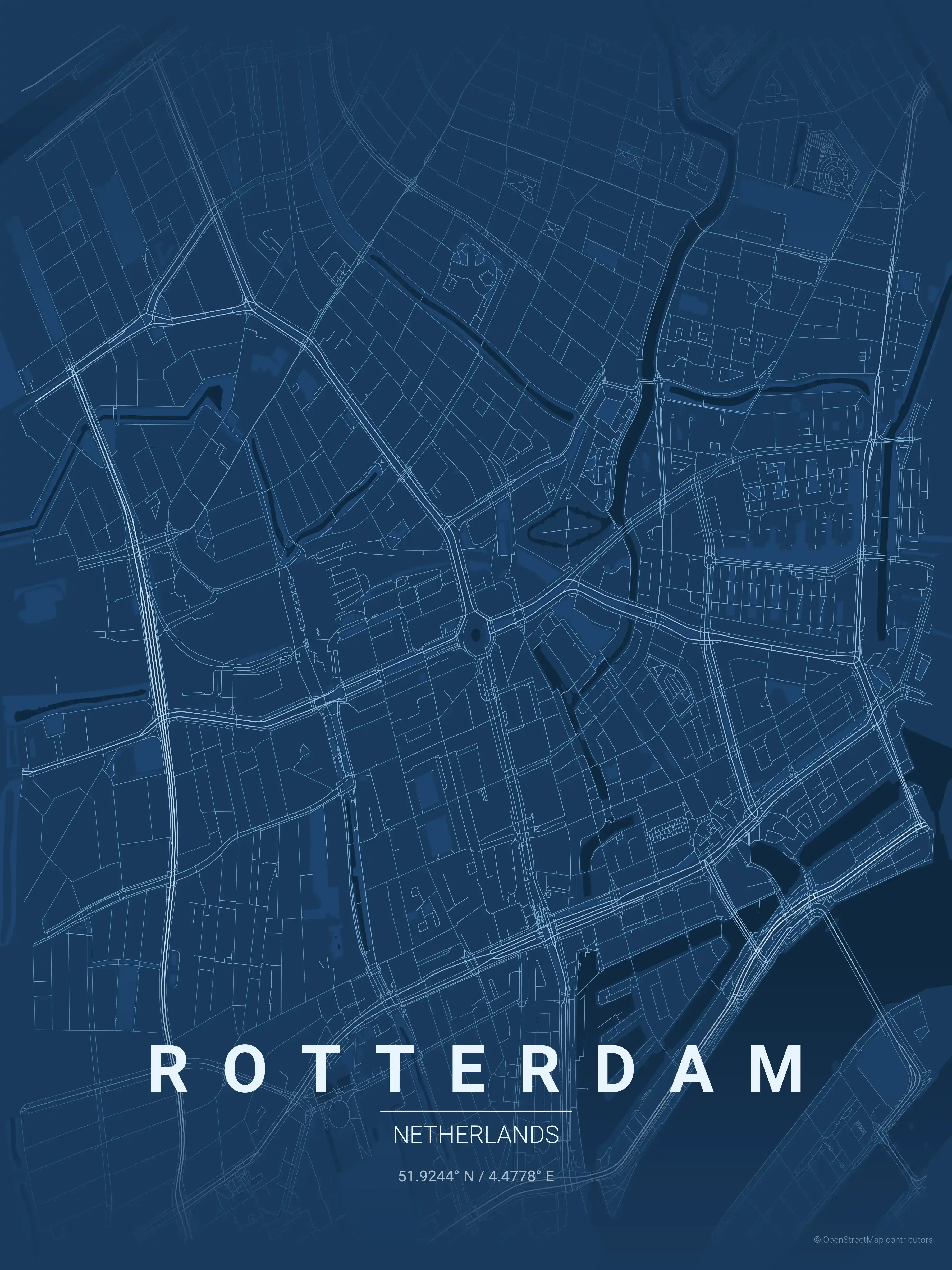 Minimalist blueprint street map of Rotterdam, Netherlands - Urban grid art