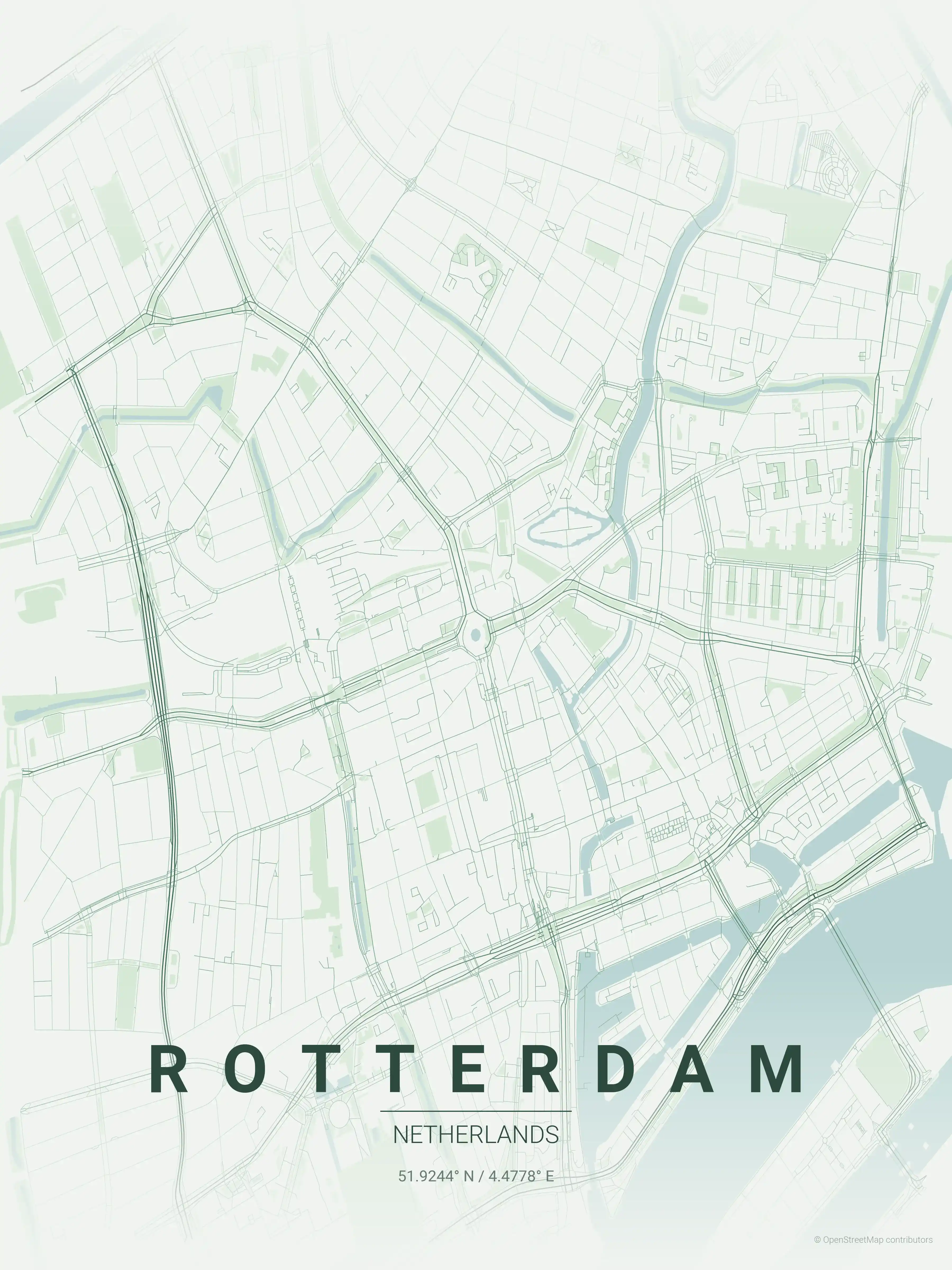 Minimalist forest street map of Rotterdam, Netherlands - Urban grid art