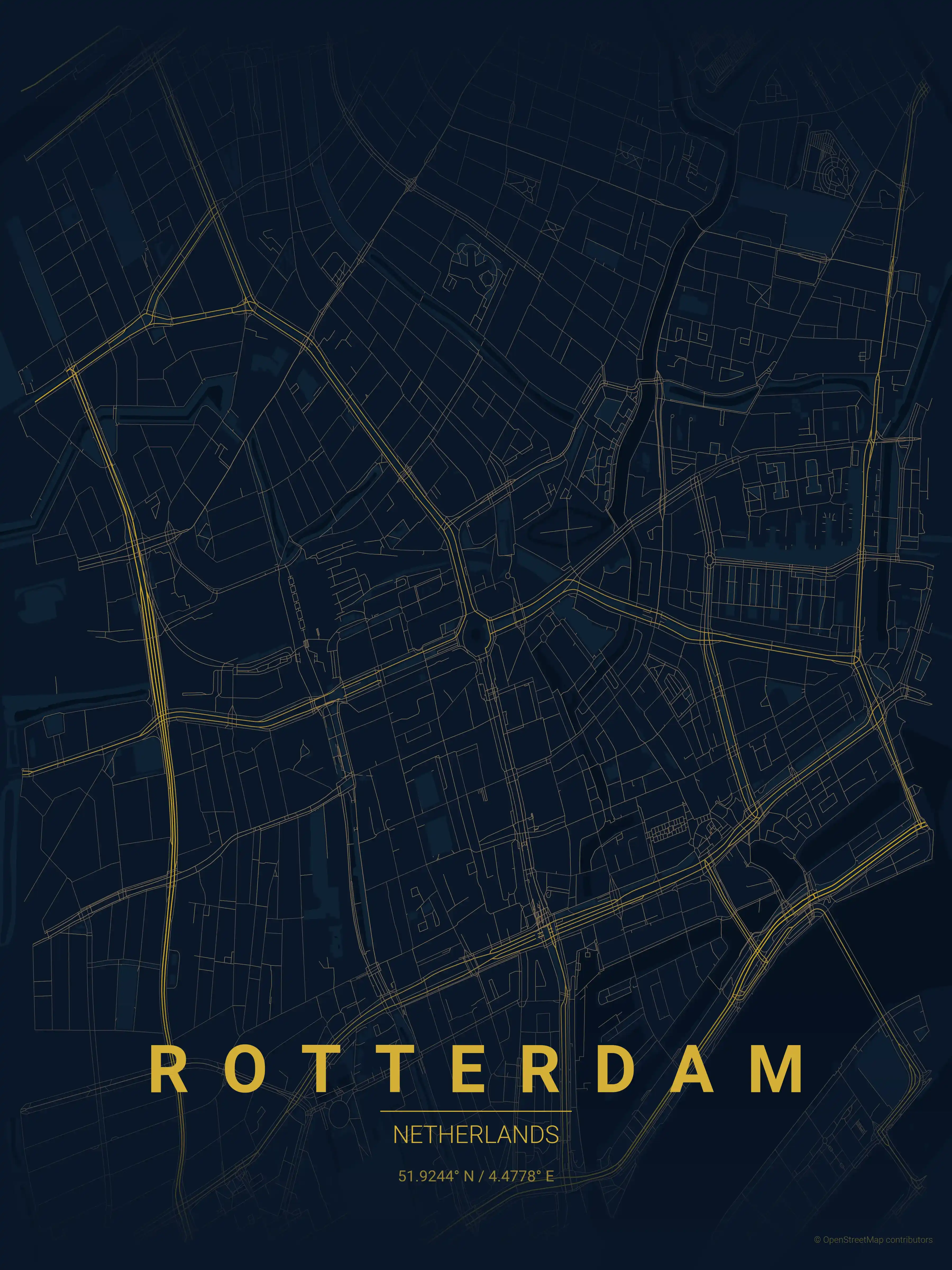 Minimalist midnight_blue street map of Rotterdam, Netherlands - Urban grid art