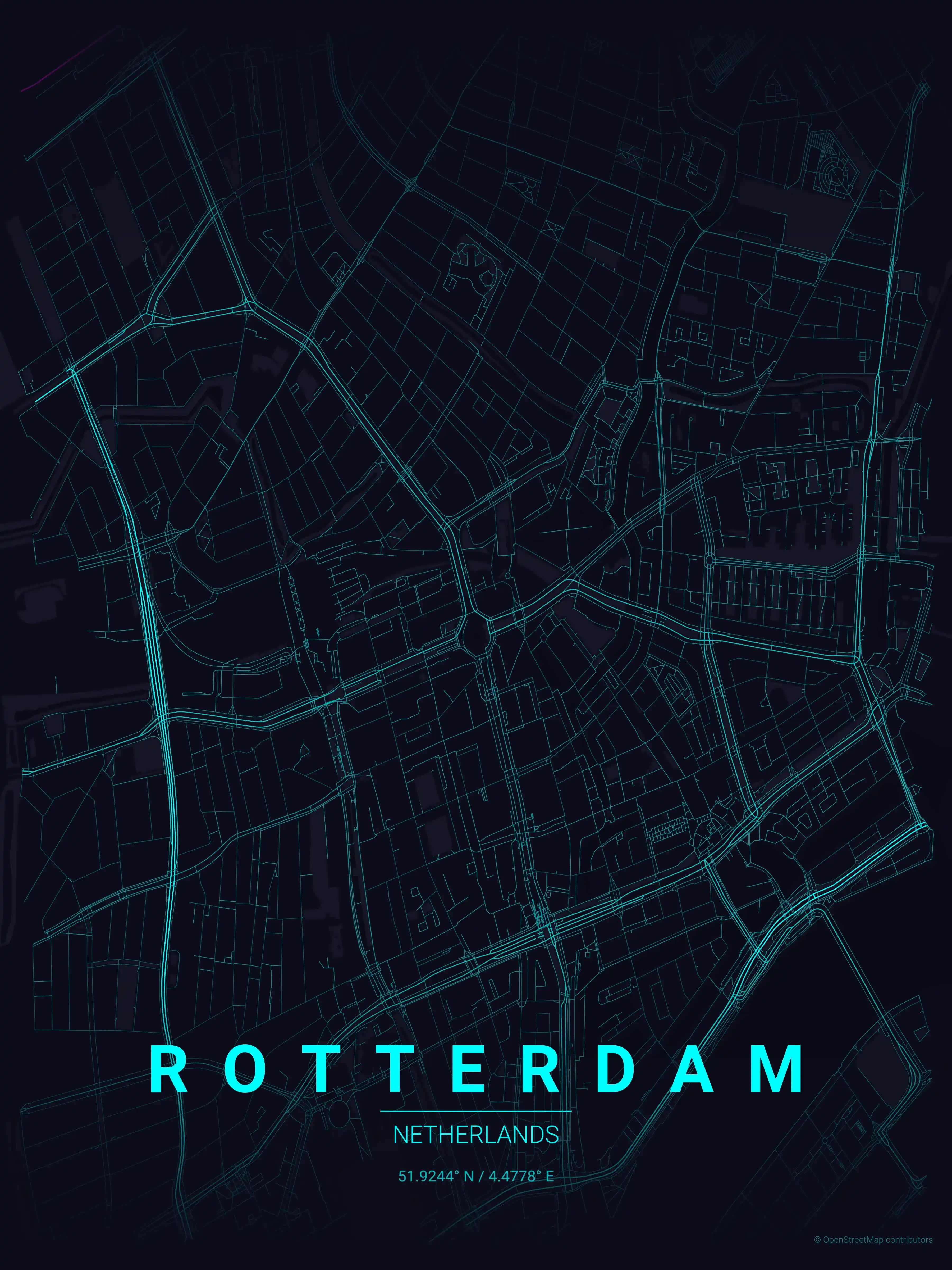 Minimalist neon_cyberpunk street map of Rotterdam, Netherlands - Urban grid art