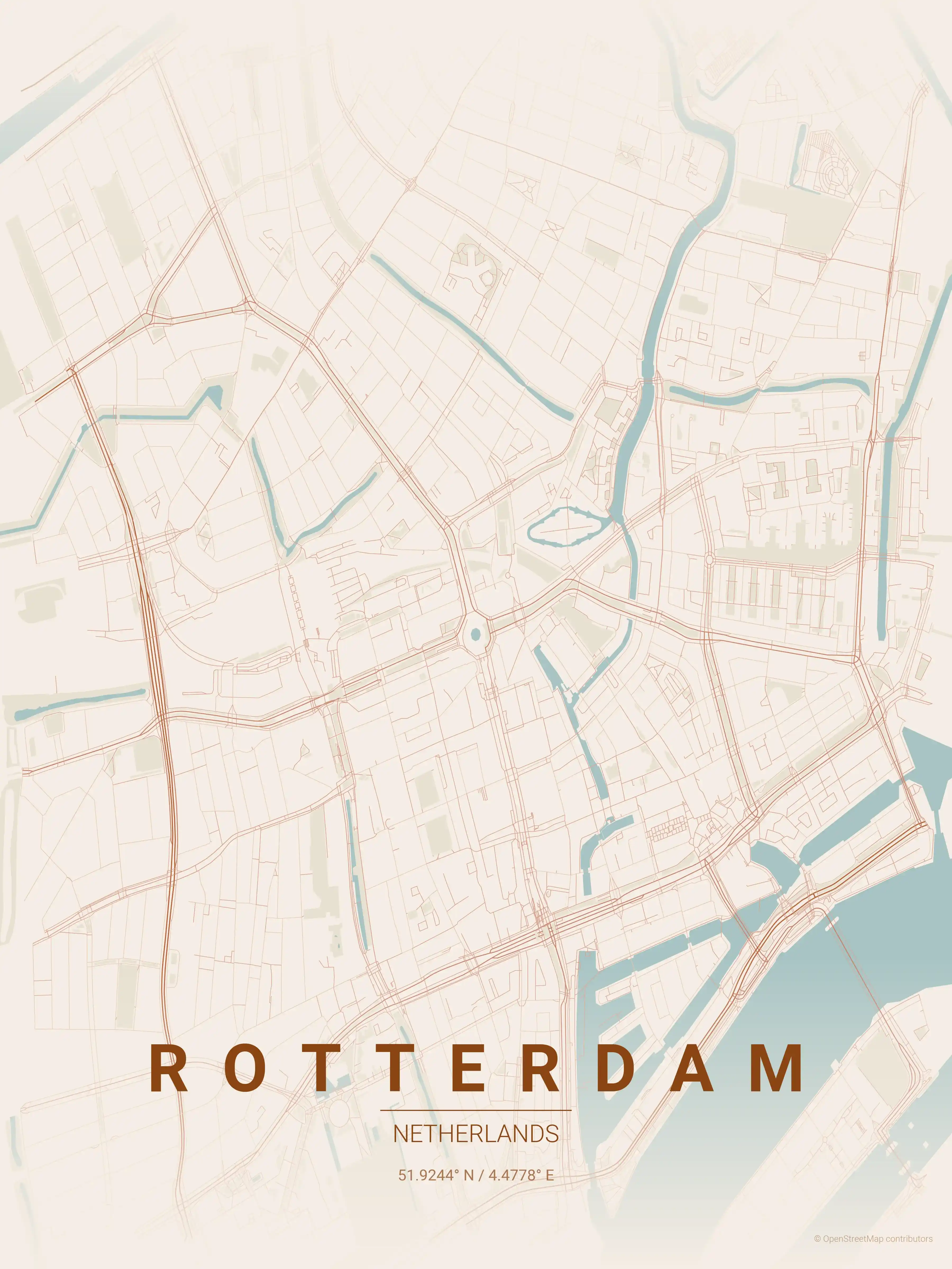 Minimalist terracotta street map of Rotterdam, Netherlands - Urban grid art