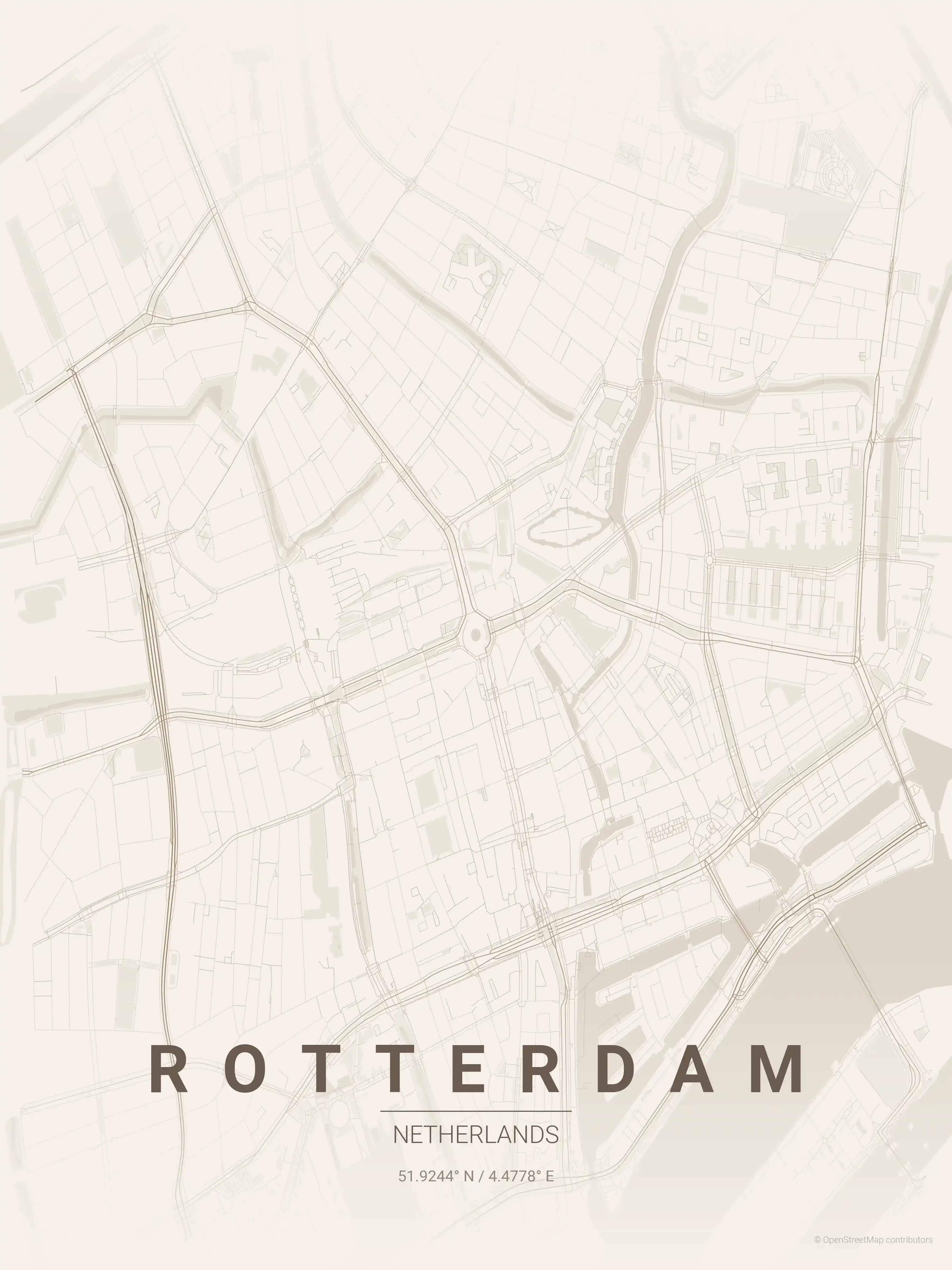Minimalist warm_beige street map of Rotterdam, Netherlands - Urban grid art