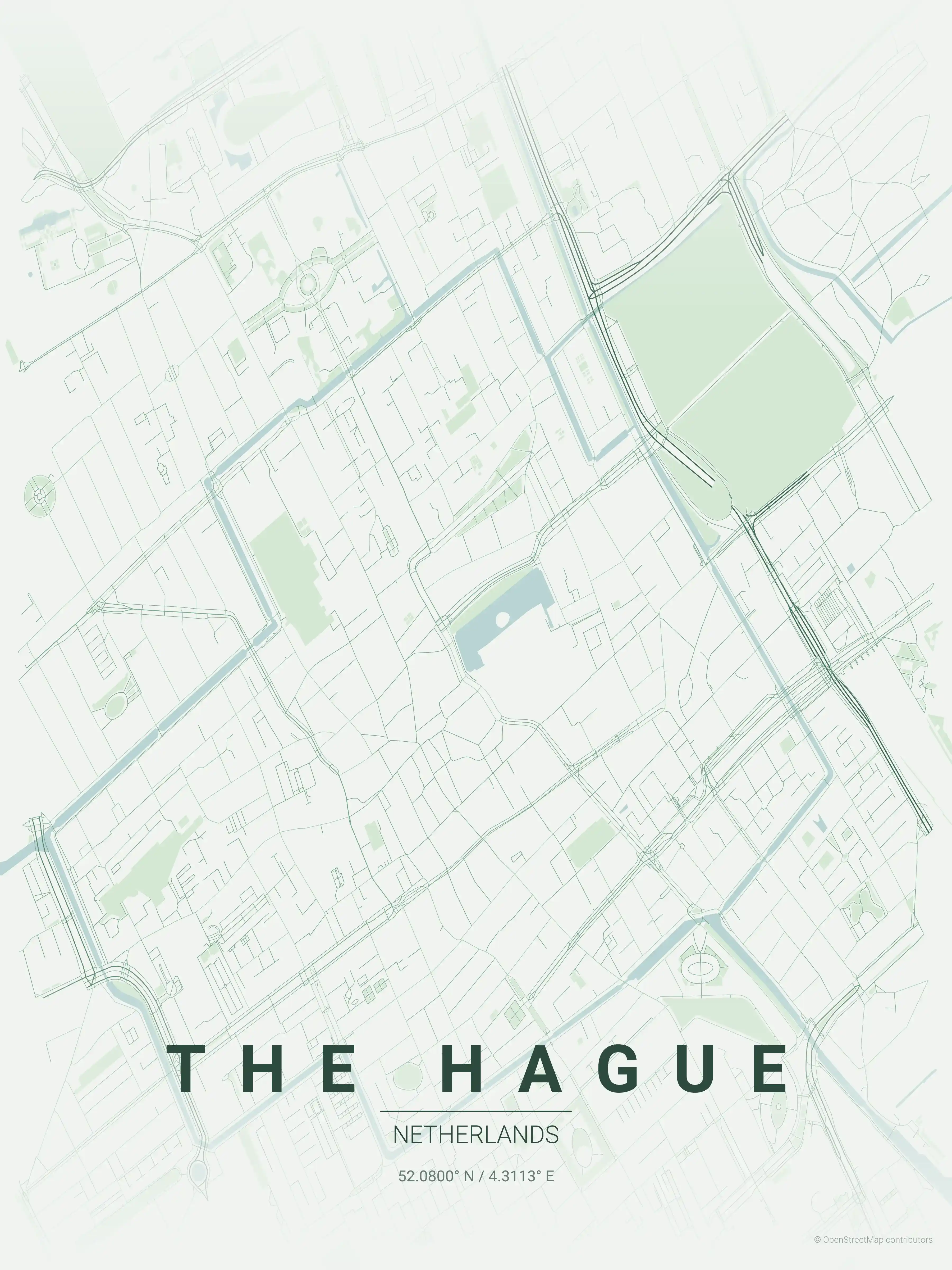 Minimalist forest street map of The Hague, Netherlands - Urban grid art