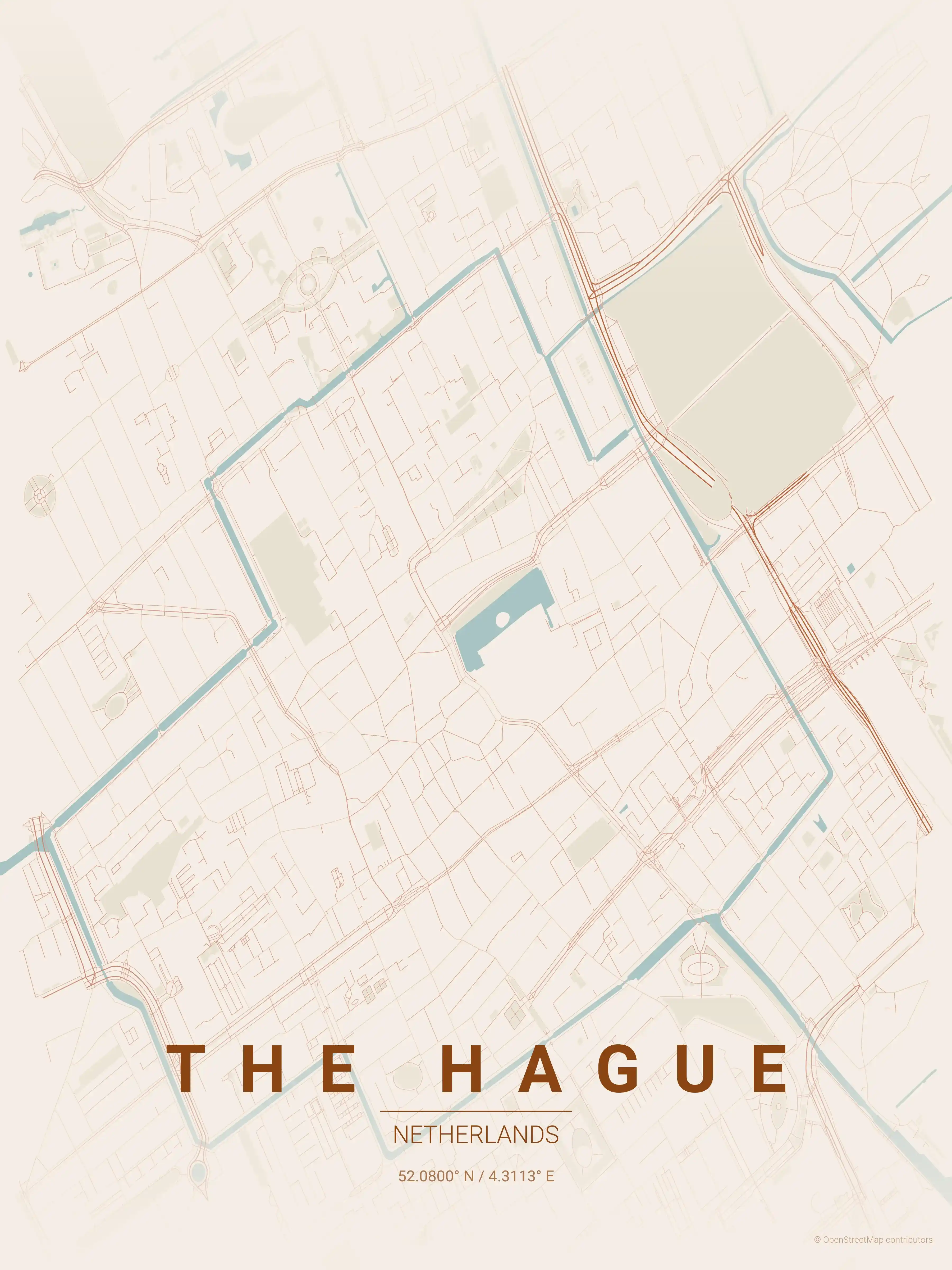Minimalist terracotta street map of The Hague, Netherlands - Urban grid art