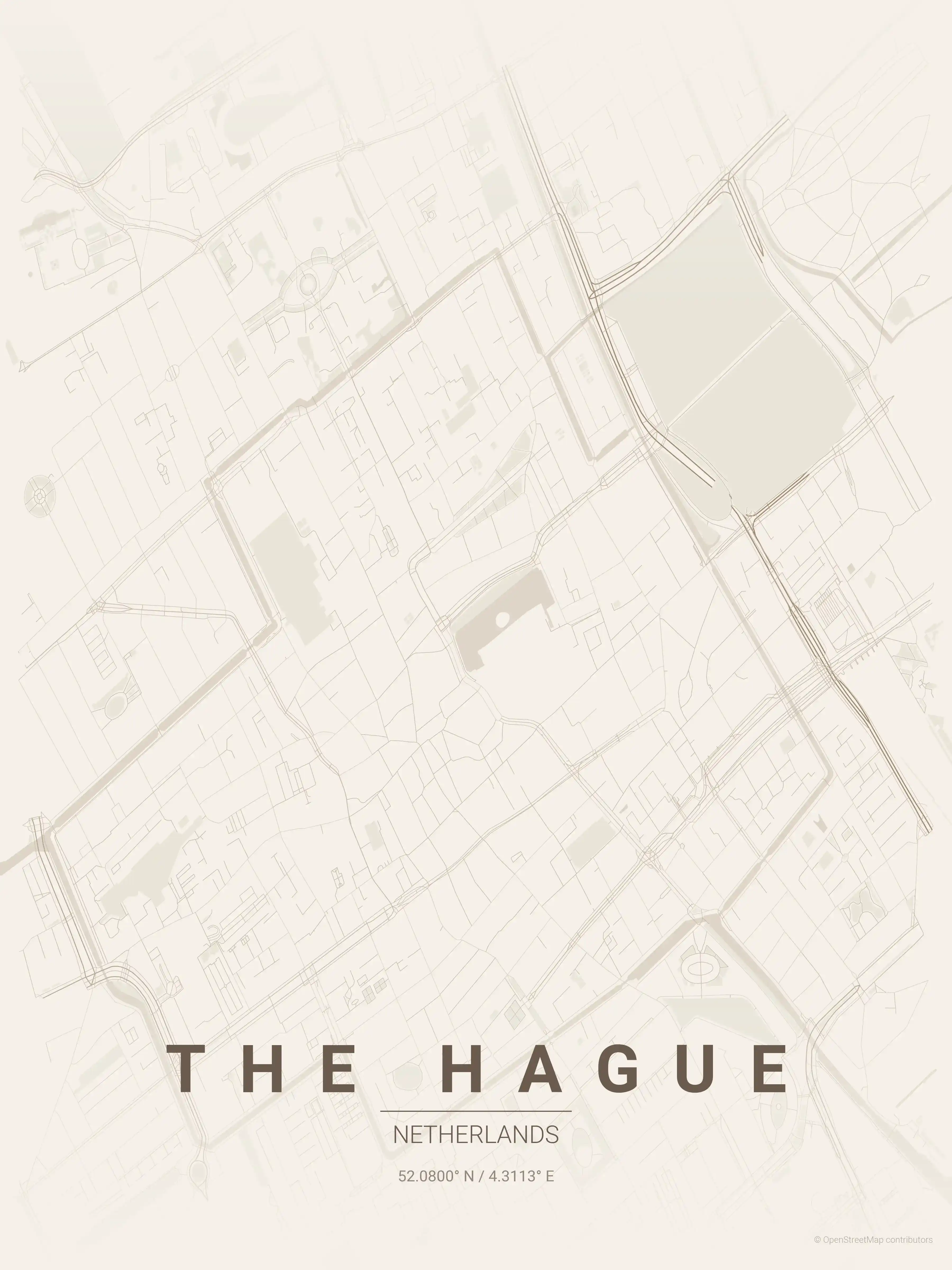 Minimalist warm_beige street map of The Hague, Netherlands - Urban grid art