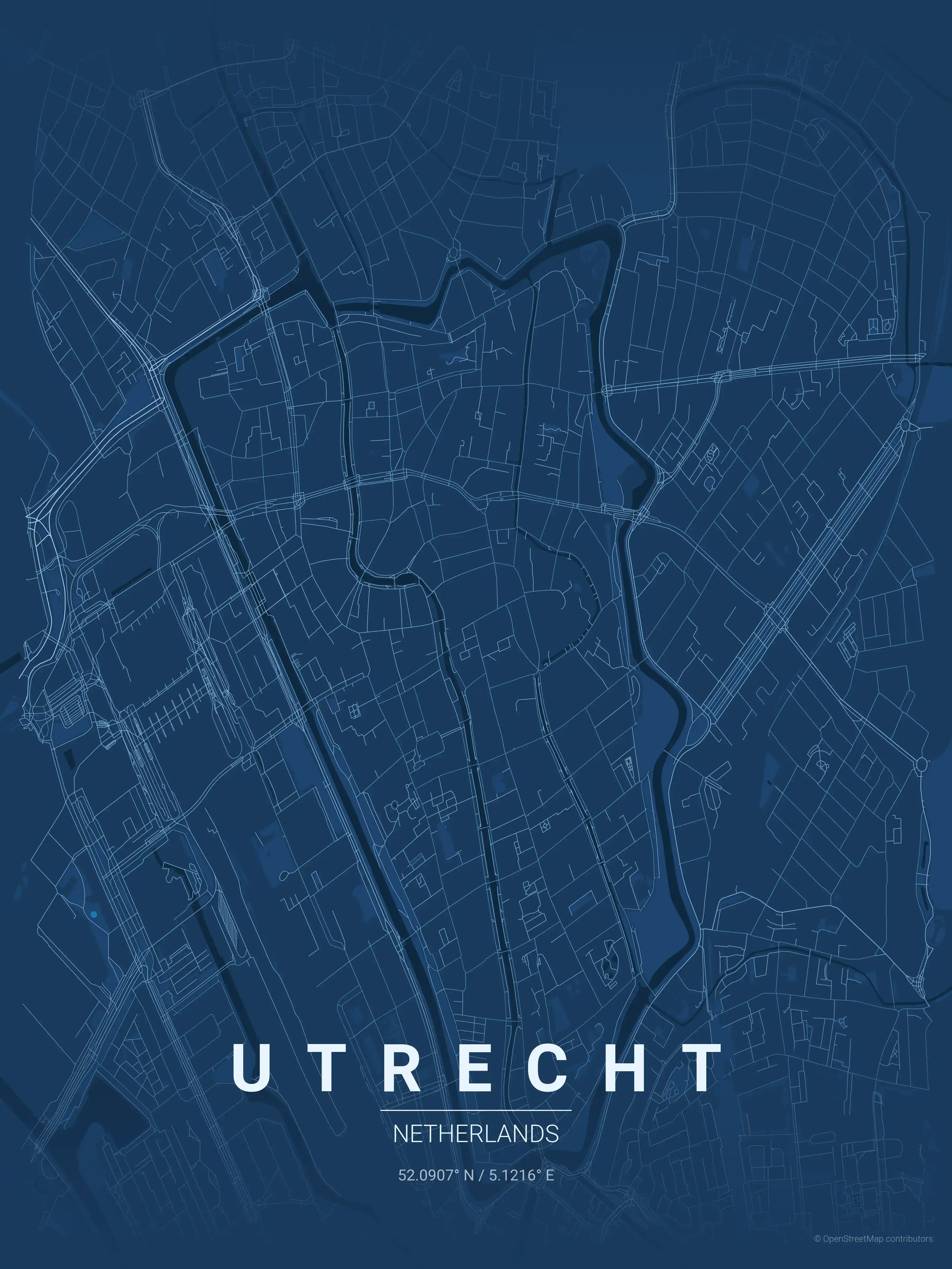 Minimalist blueprint street map of Utrecht, Netherlands - Urban grid art
