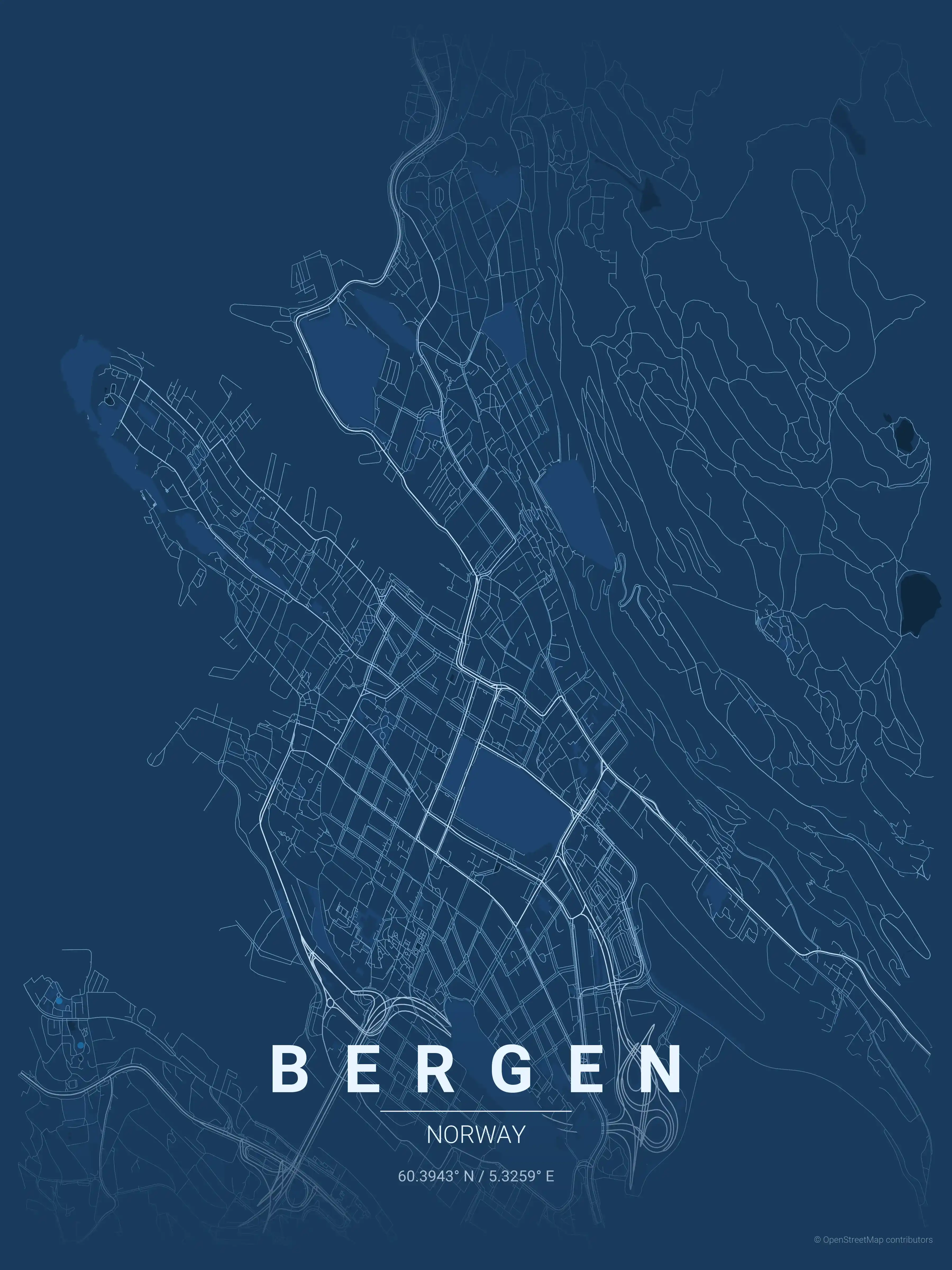 Minimalist blueprint street map of Bergen, Norway - Urban grid art