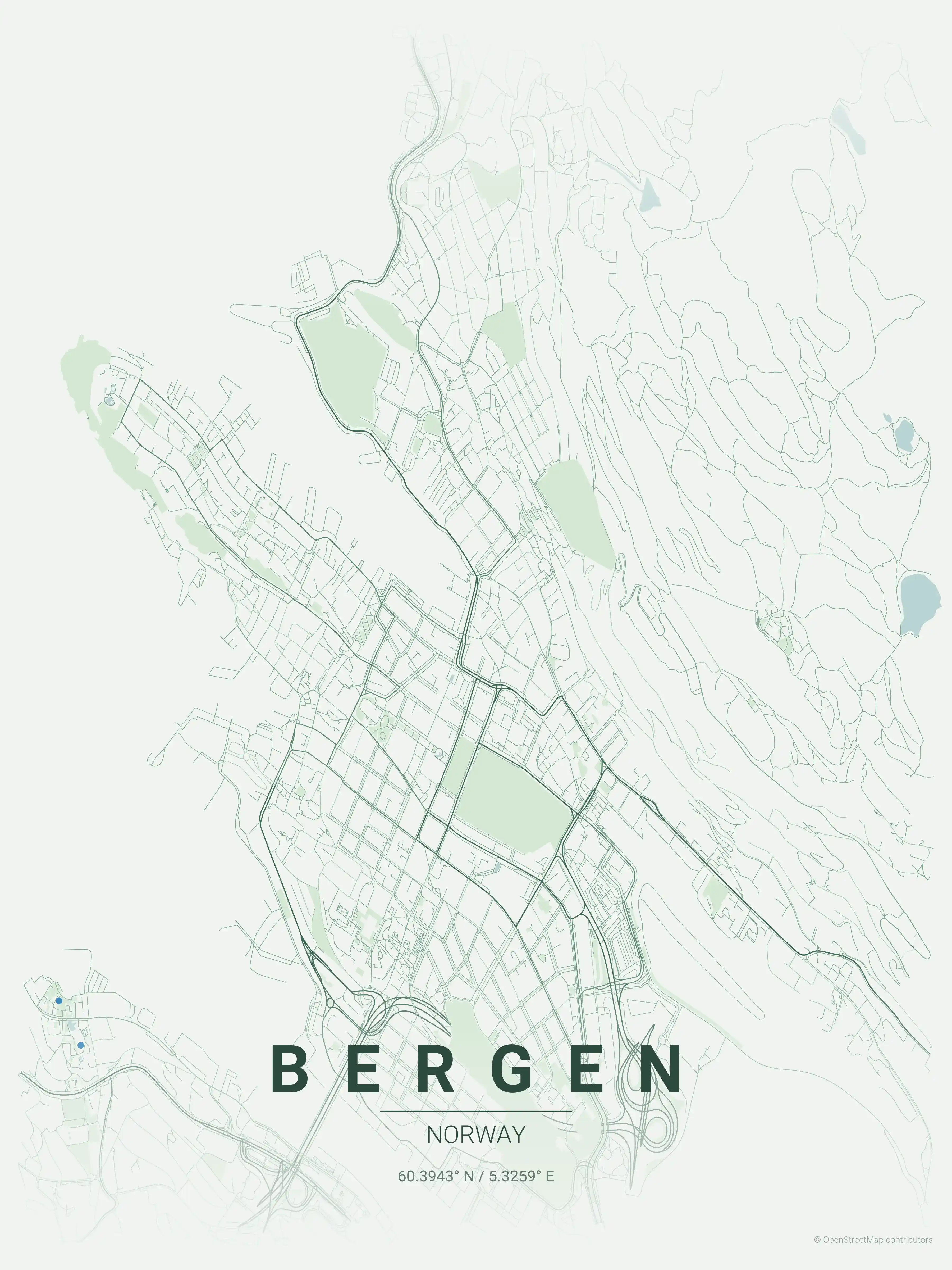 Minimalist forest street map of Bergen, Norway - Urban grid art