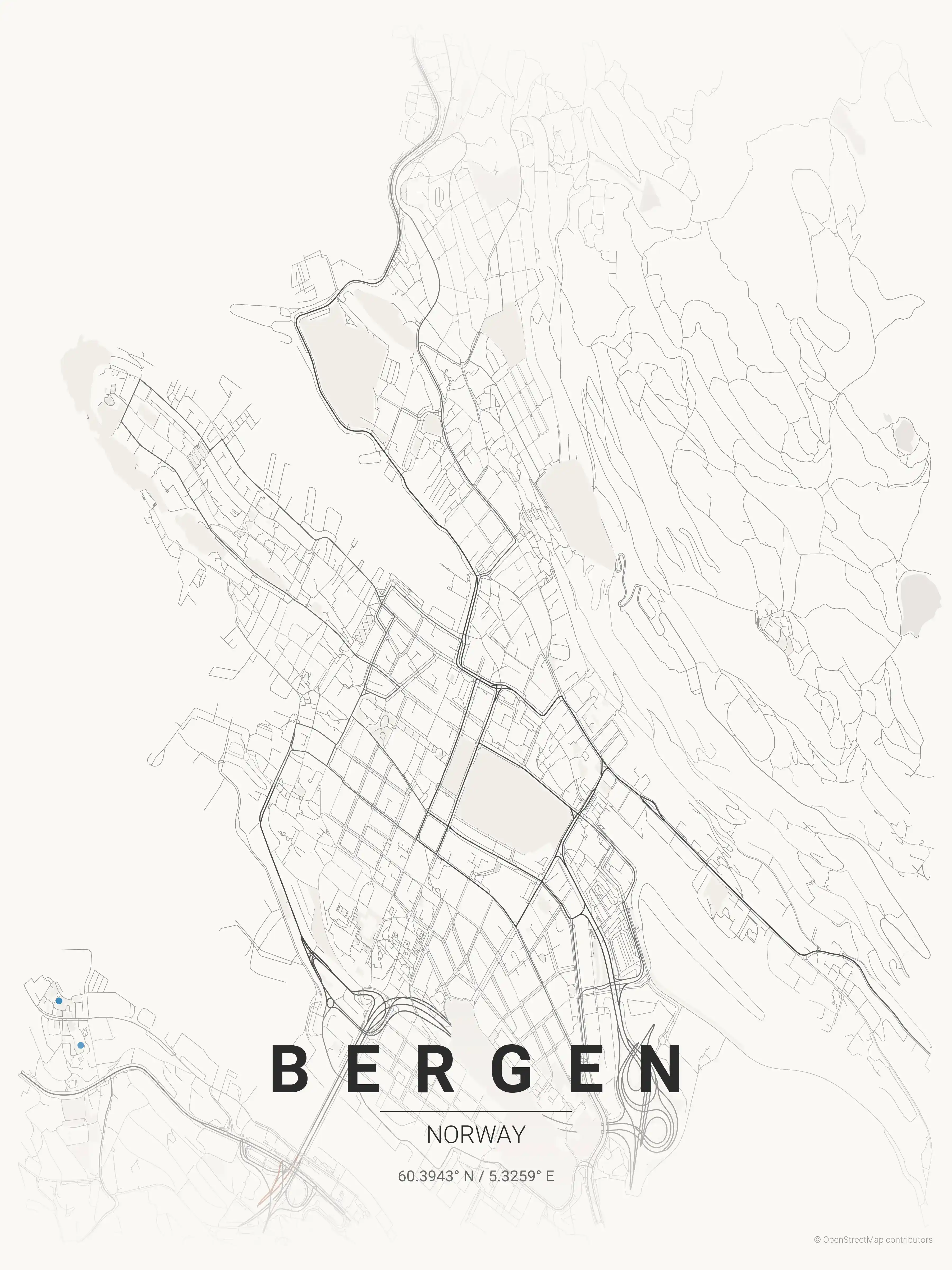 Minimalist japanese_ink street map of Bergen, Norway - Urban grid art