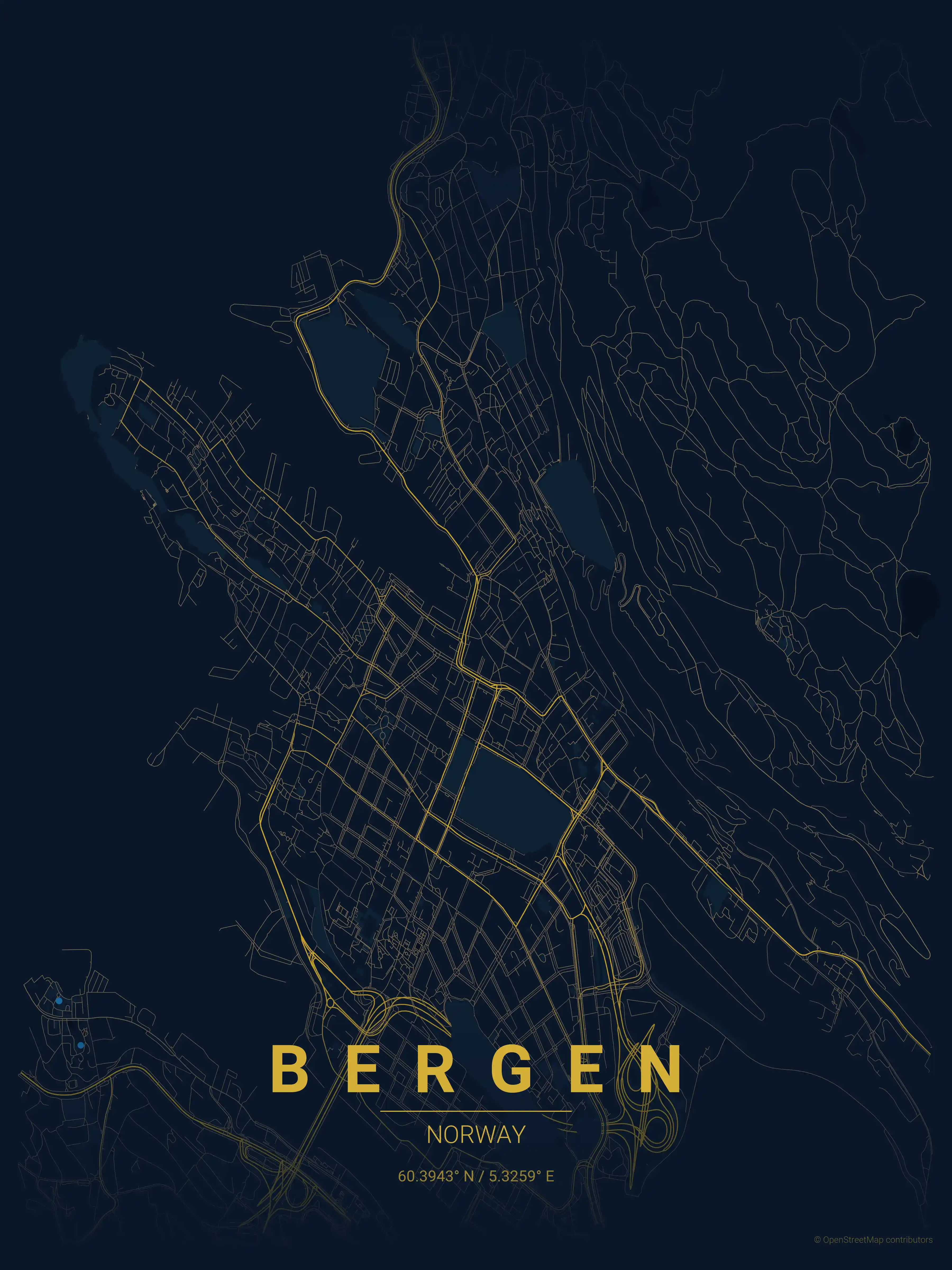 Minimalist midnight_blue street map of Bergen, Norway - Urban grid art