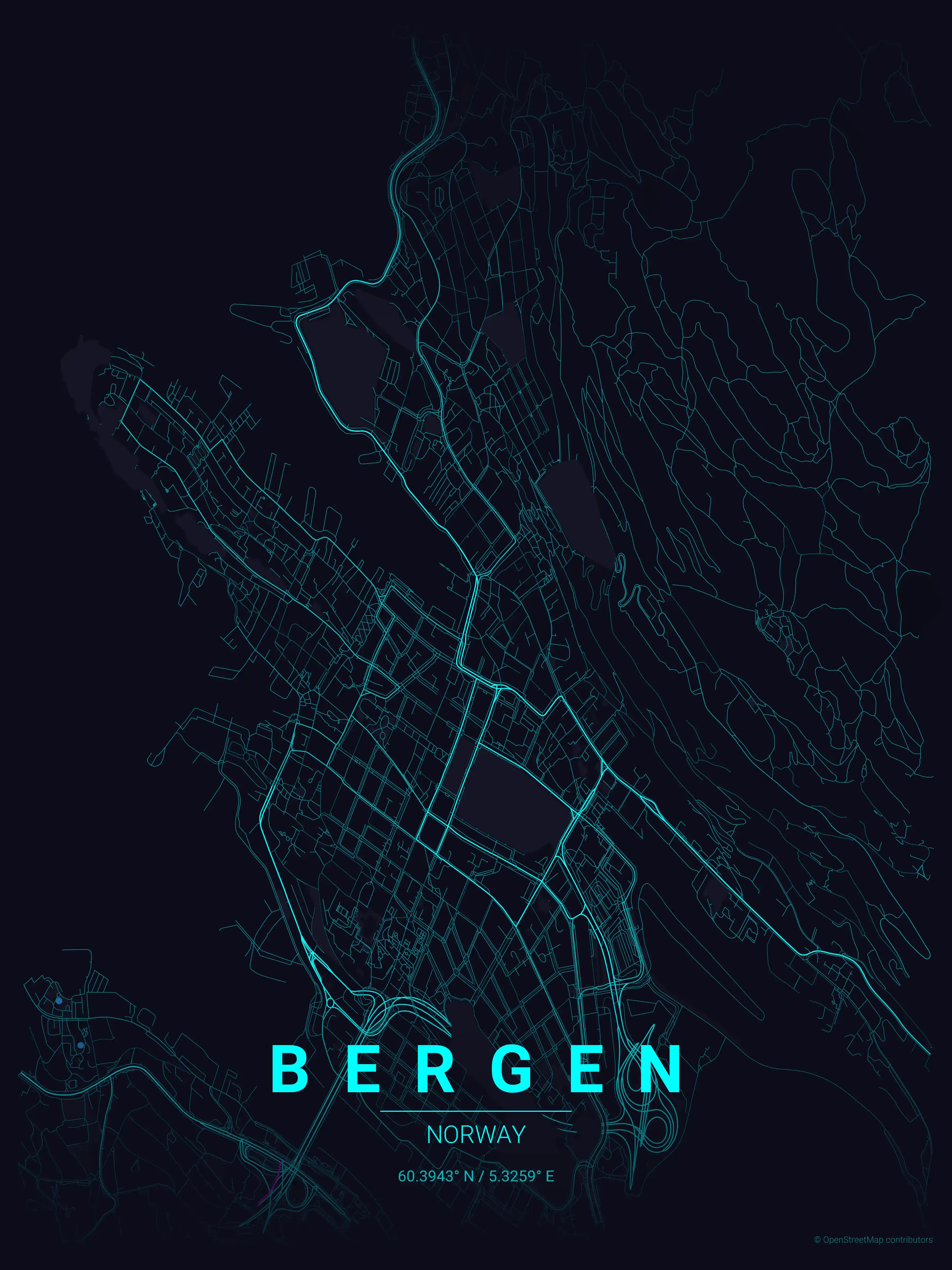 Minimalist neon_cyberpunk street map of Bergen, Norway - Urban grid art