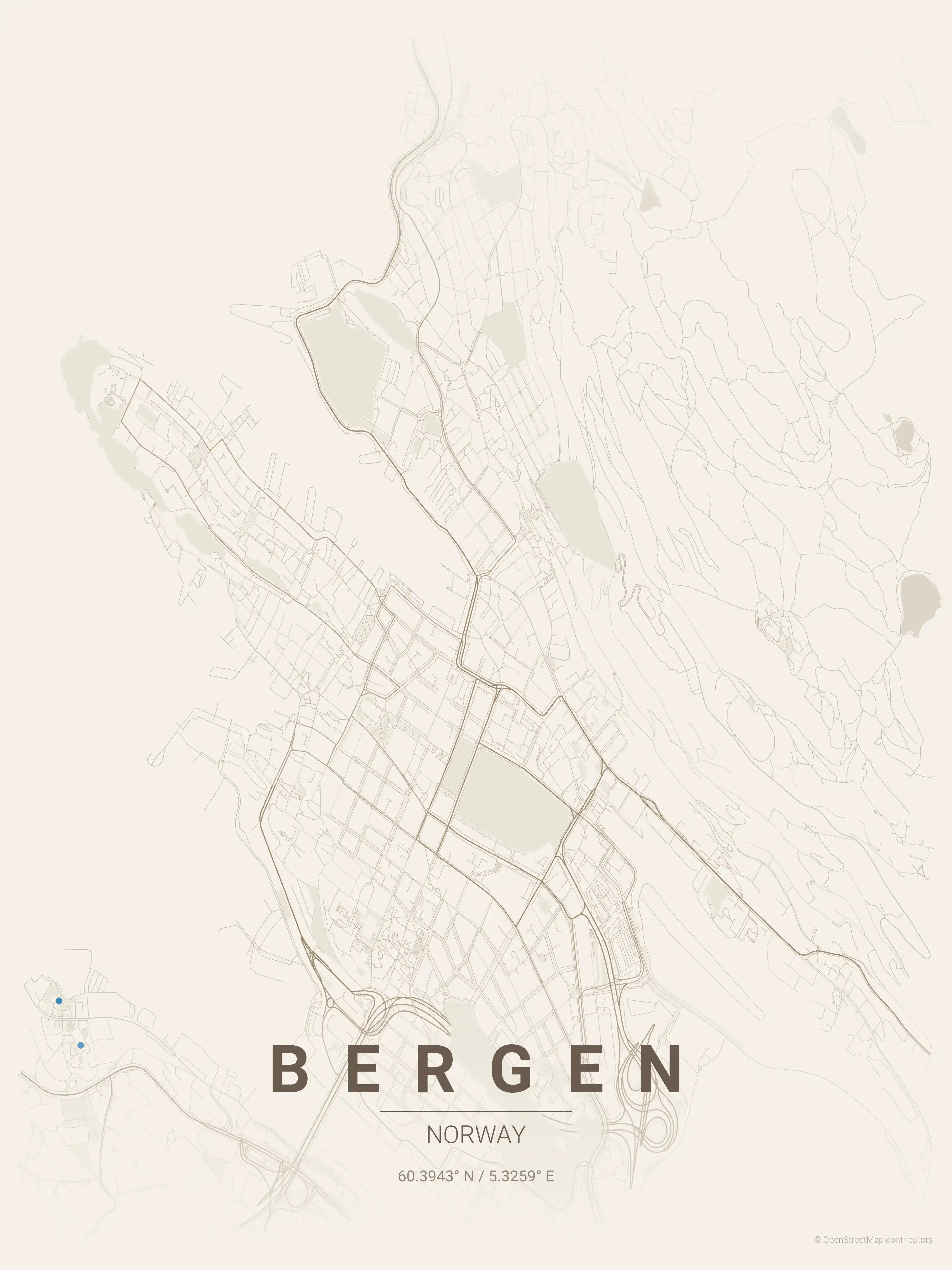 Minimalist warm_beige street map of Bergen, Norway - Urban grid art
