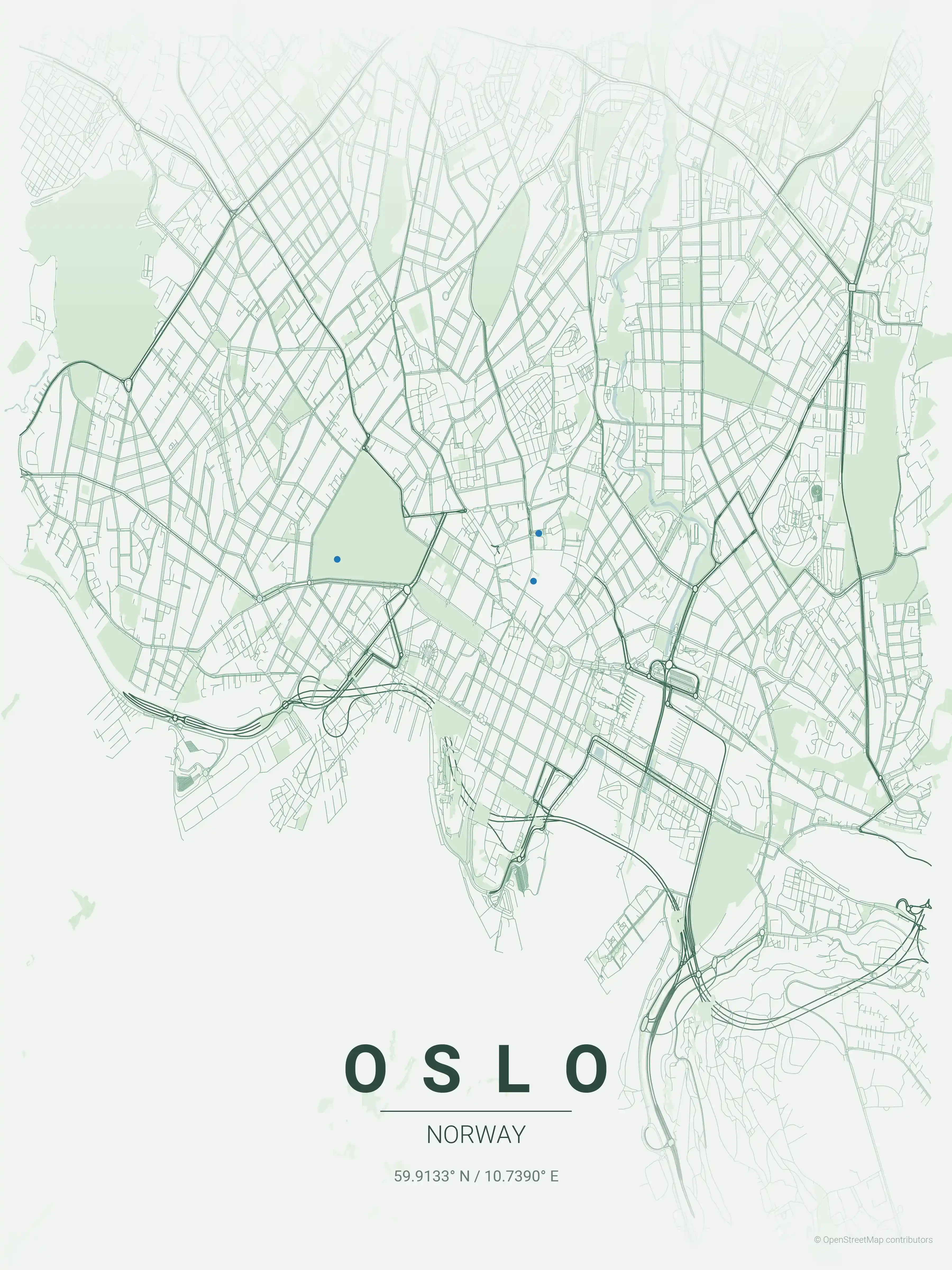 Minimalist forest street map of Oslo, Norway - Urban grid art