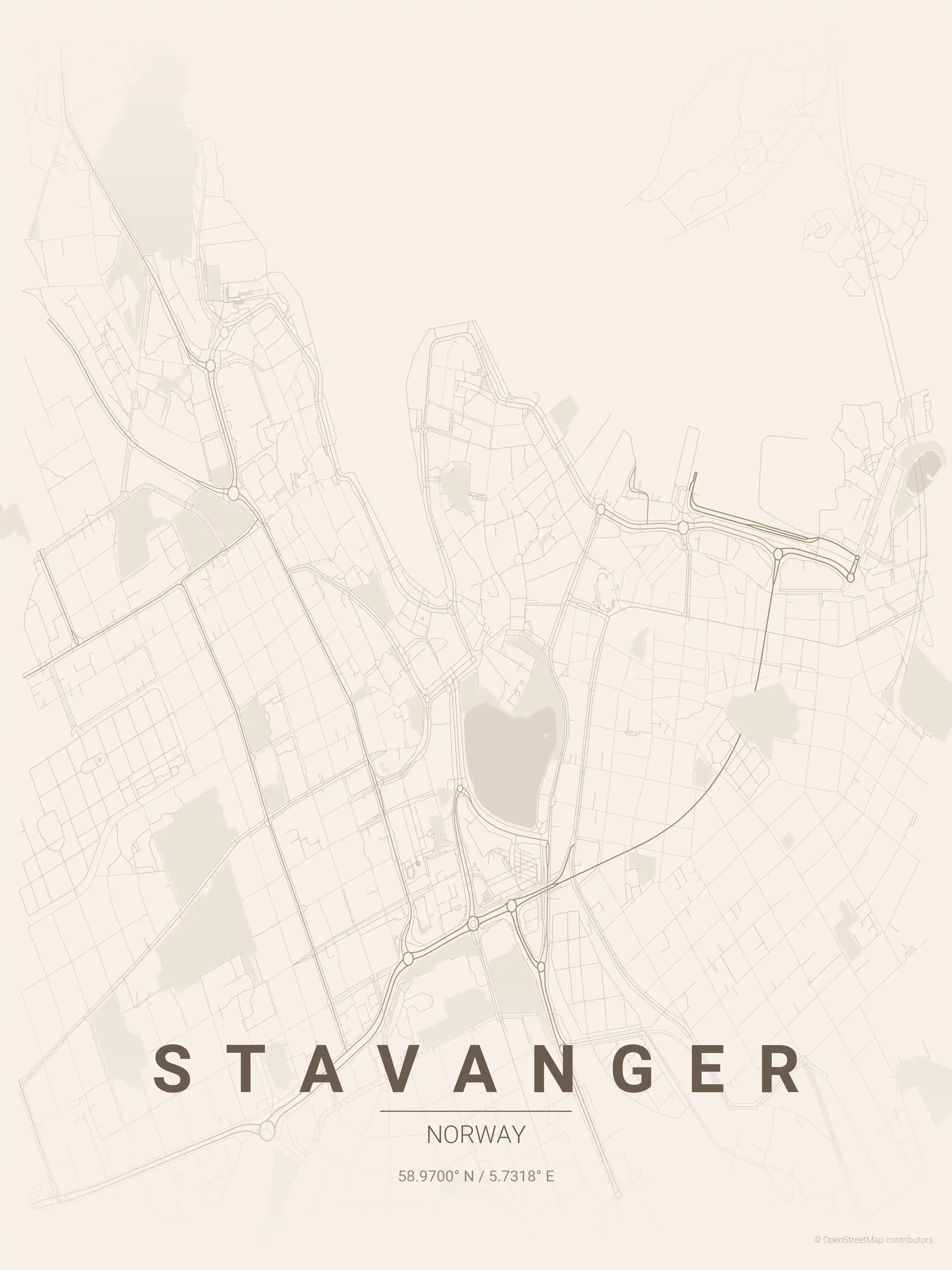 Minimalist warm_beige street map of Stavanger, Norway - Urban grid art