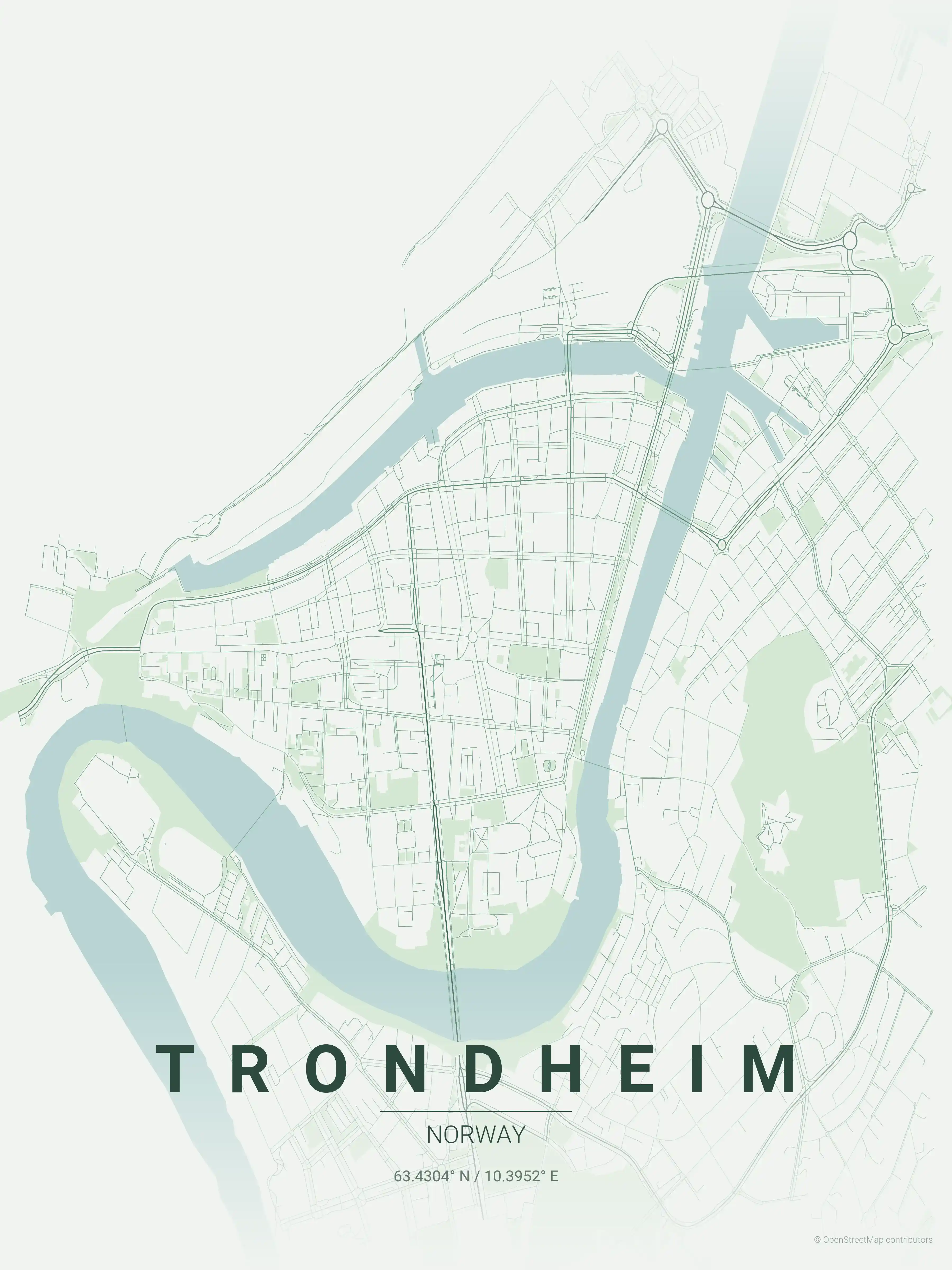 Minimalist forest street map of Trondheim, Norway - Urban grid art