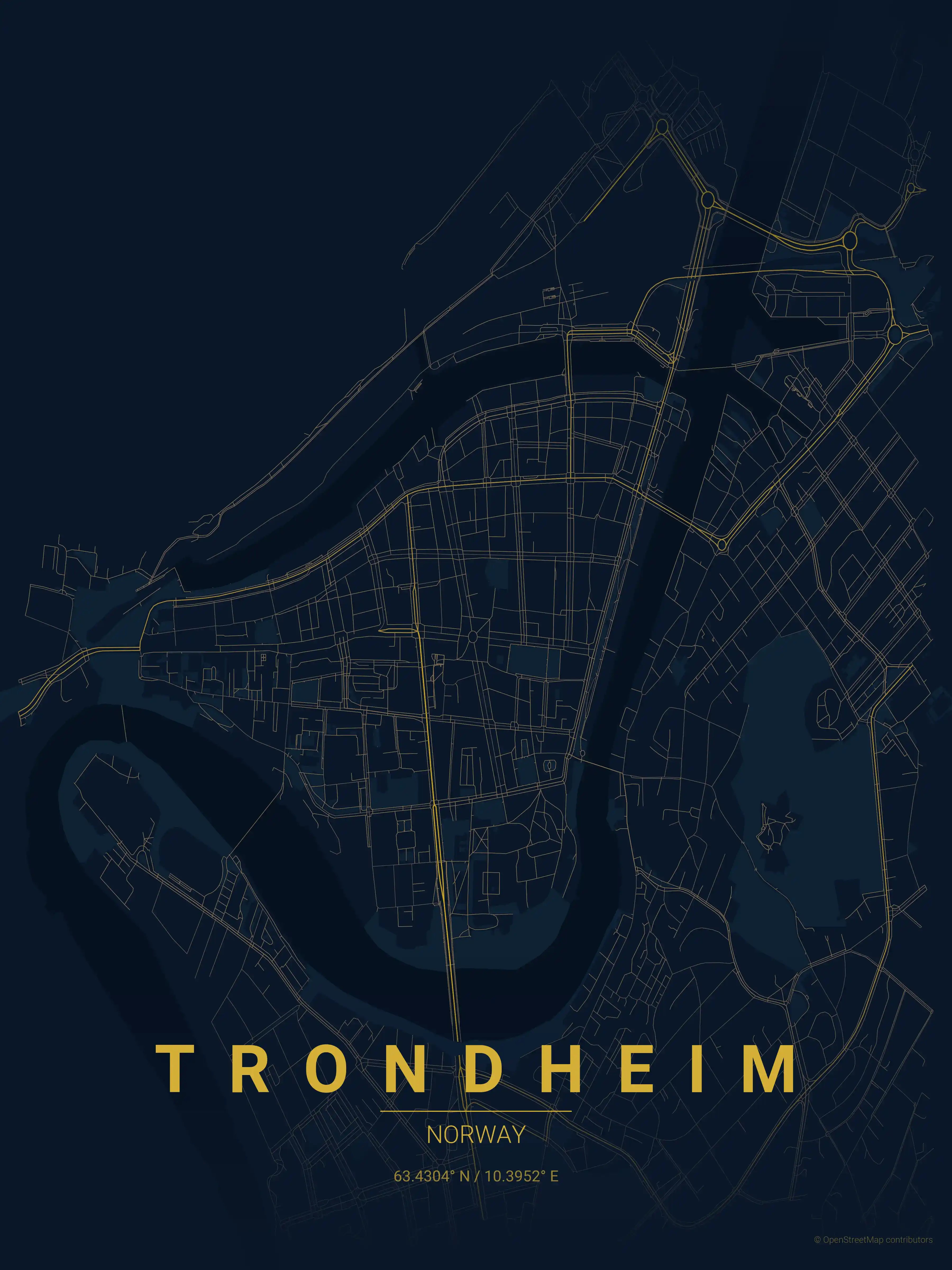 Minimalist midnight_blue street map of Trondheim, Norway - Urban grid art