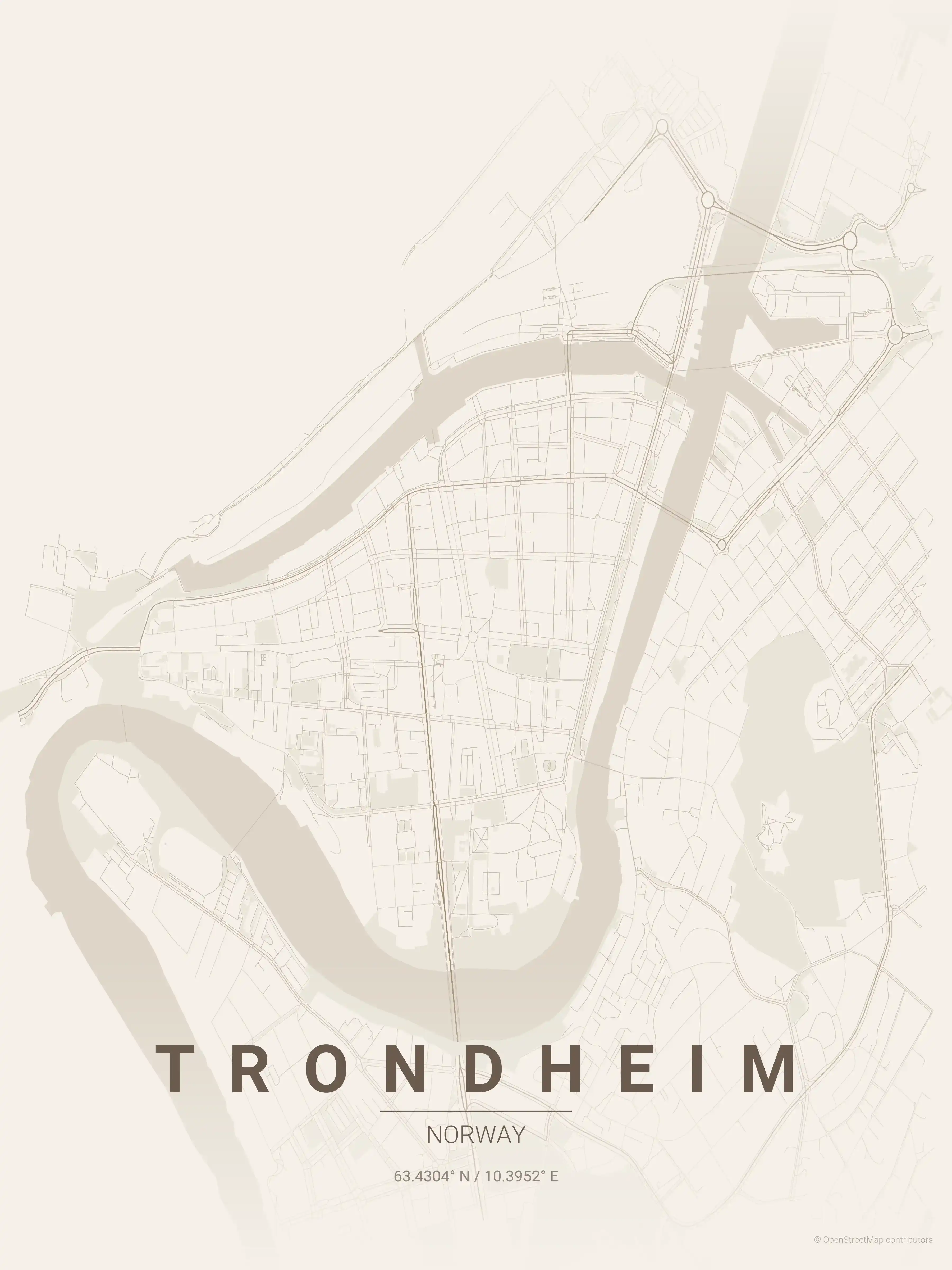 Minimalist warm_beige street map of Trondheim, Norway - Urban grid art