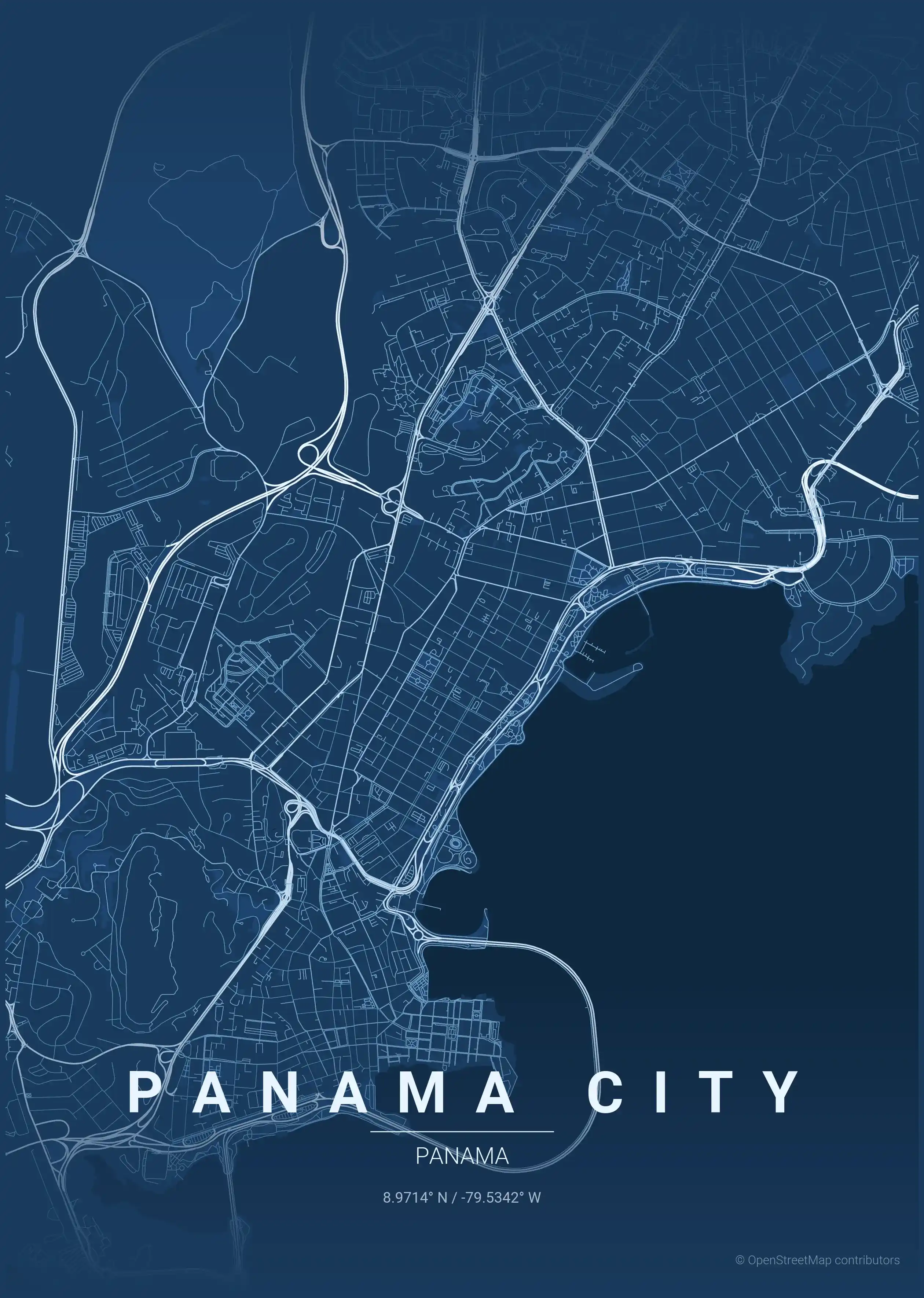 Minimalist blueprint street map of Panama City, Panama - Urban grid art