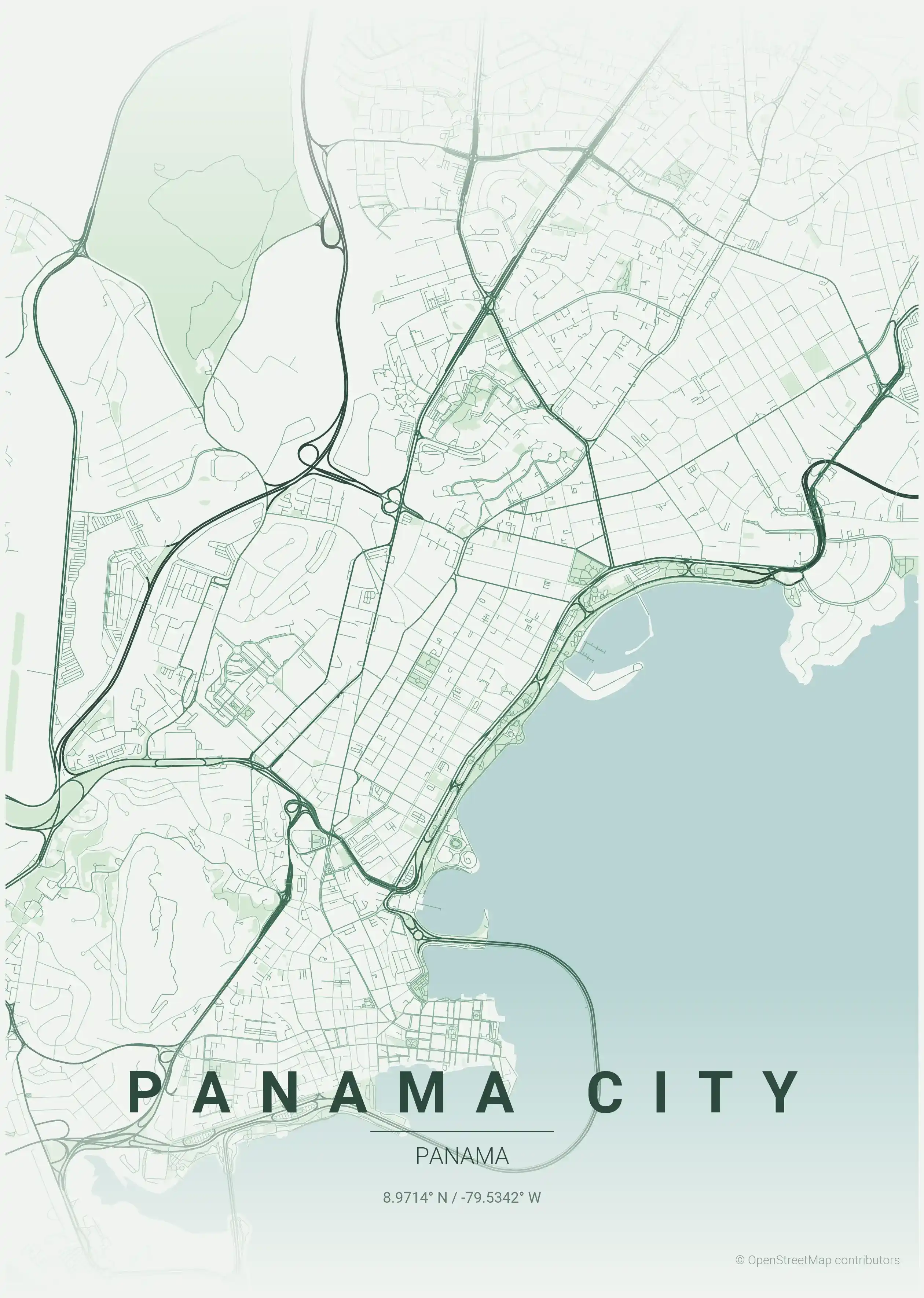 Minimalist forest street map of Panama City, Panama - Urban grid art