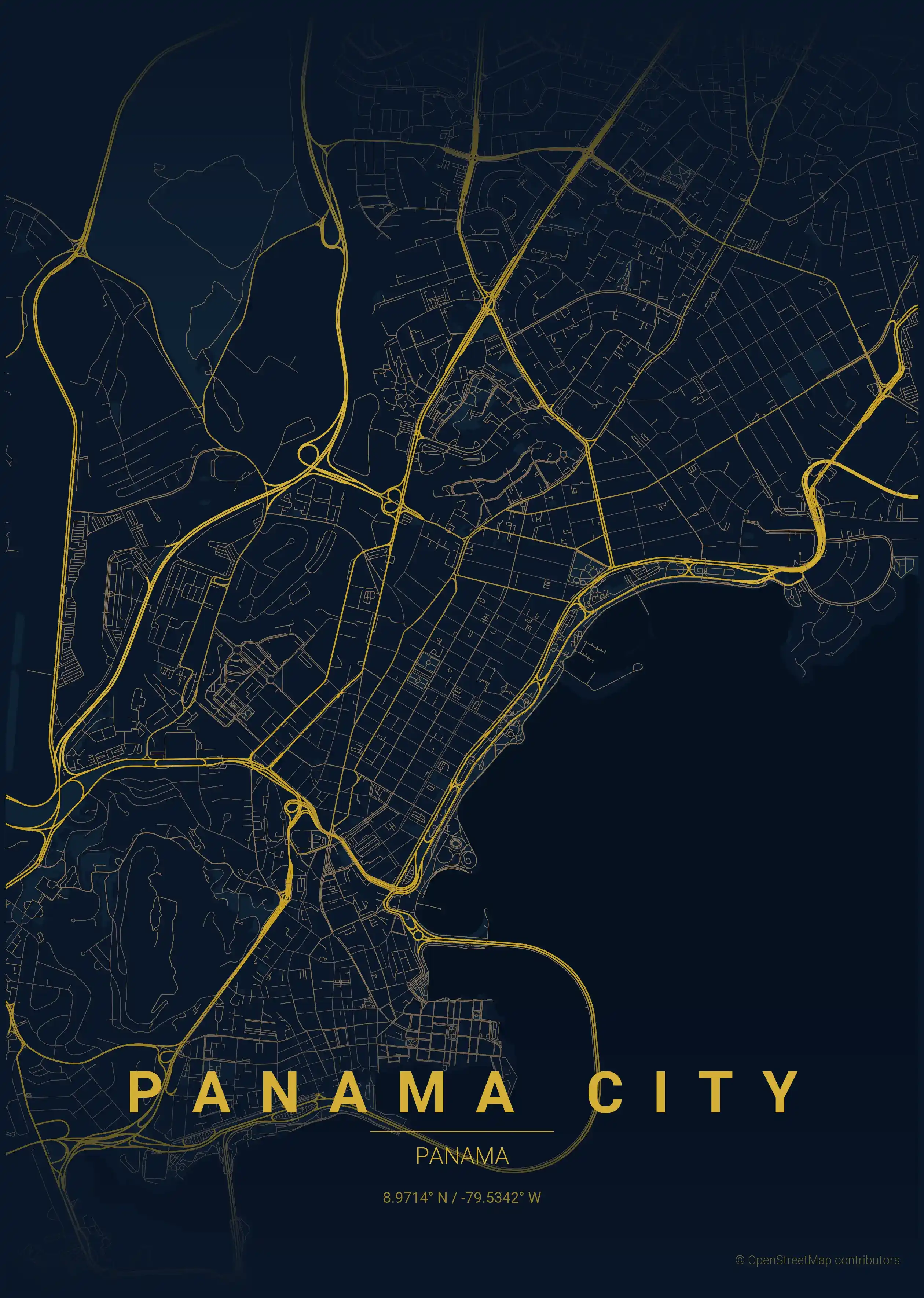 Minimalist midnight_blue street map of Panama City, Panama - Urban grid art