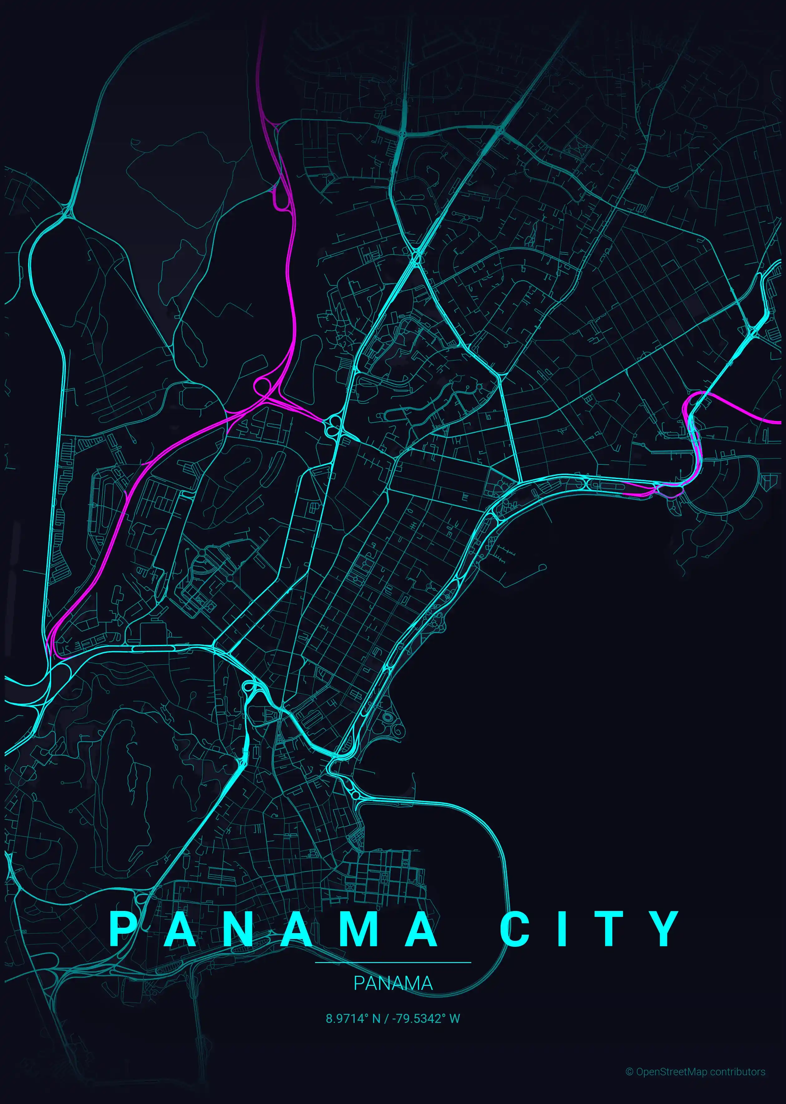 Minimalist neon_cyberpunk street map of Panama City, Panama - Urban grid art