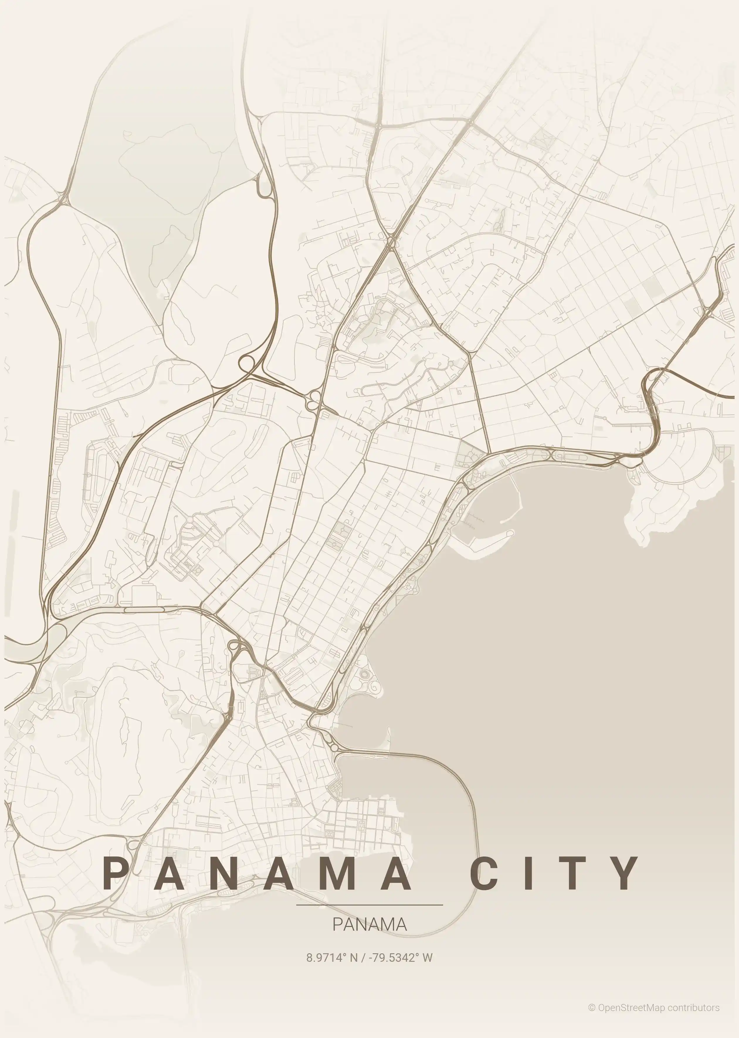 Minimalist warm_beige street map of Panama City, Panama - Urban grid art