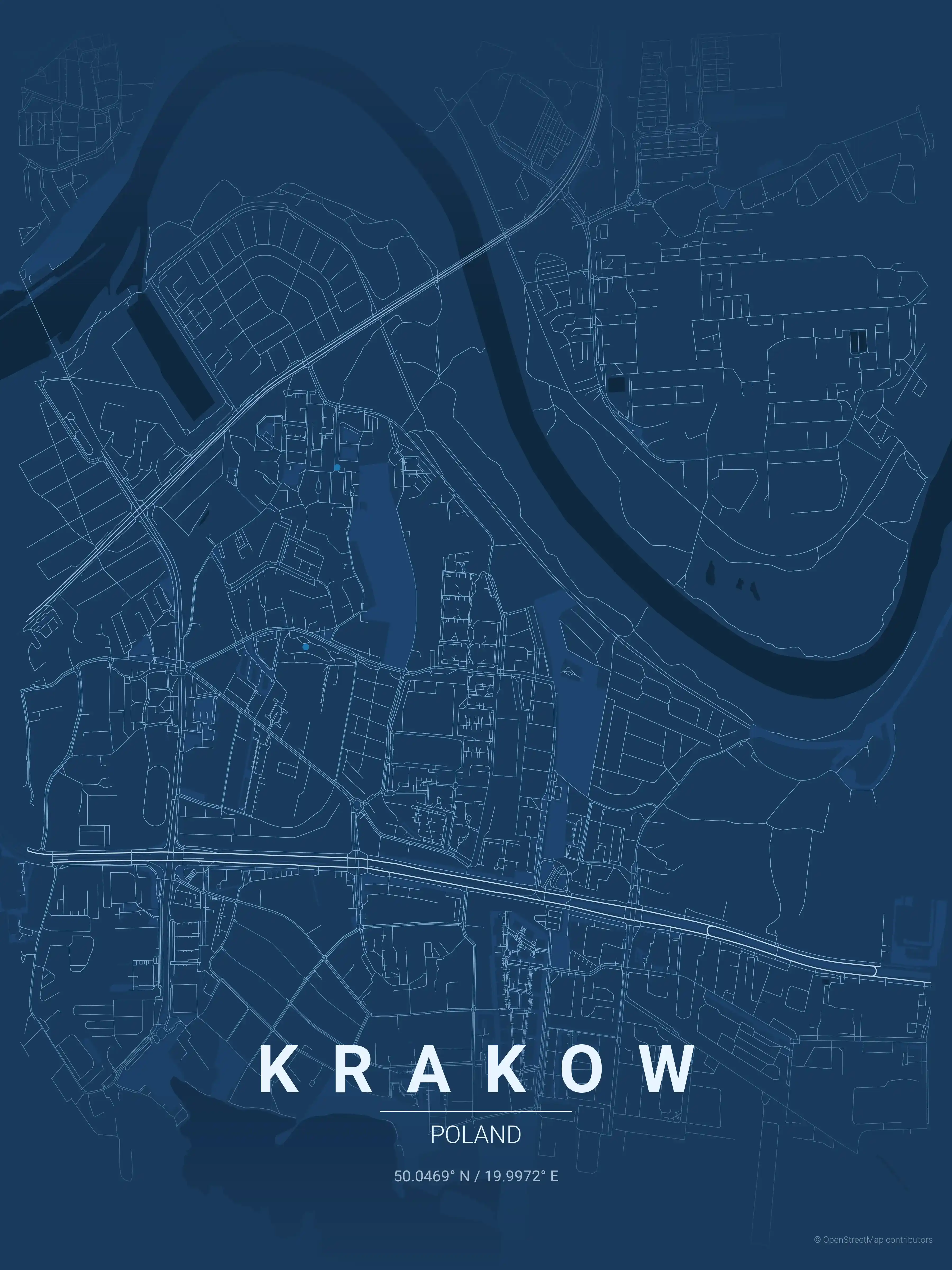 Minimalist blueprint street map of Krakow, Poland - Urban grid art