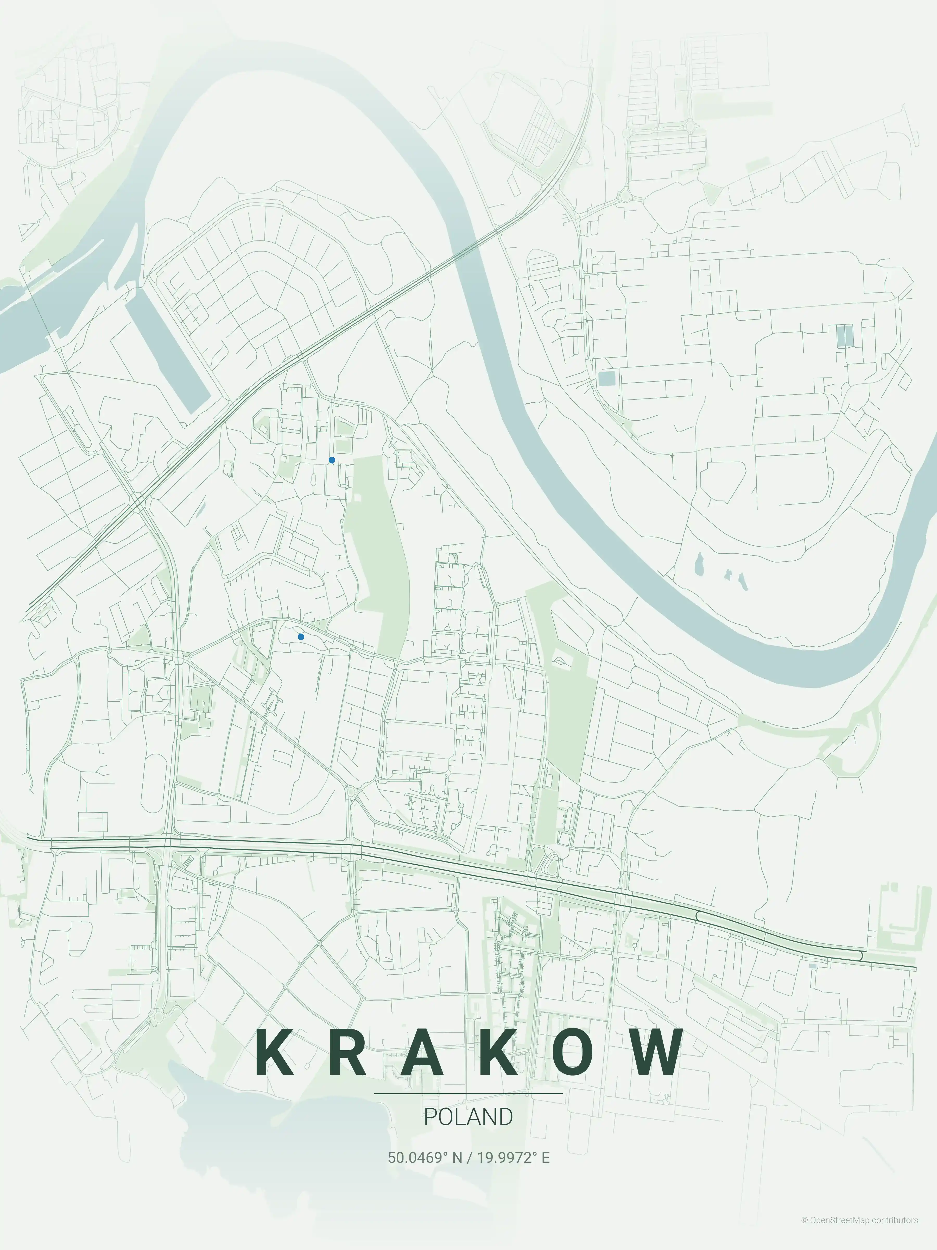 Minimalist forest street map of Krakow, Poland - Urban grid art