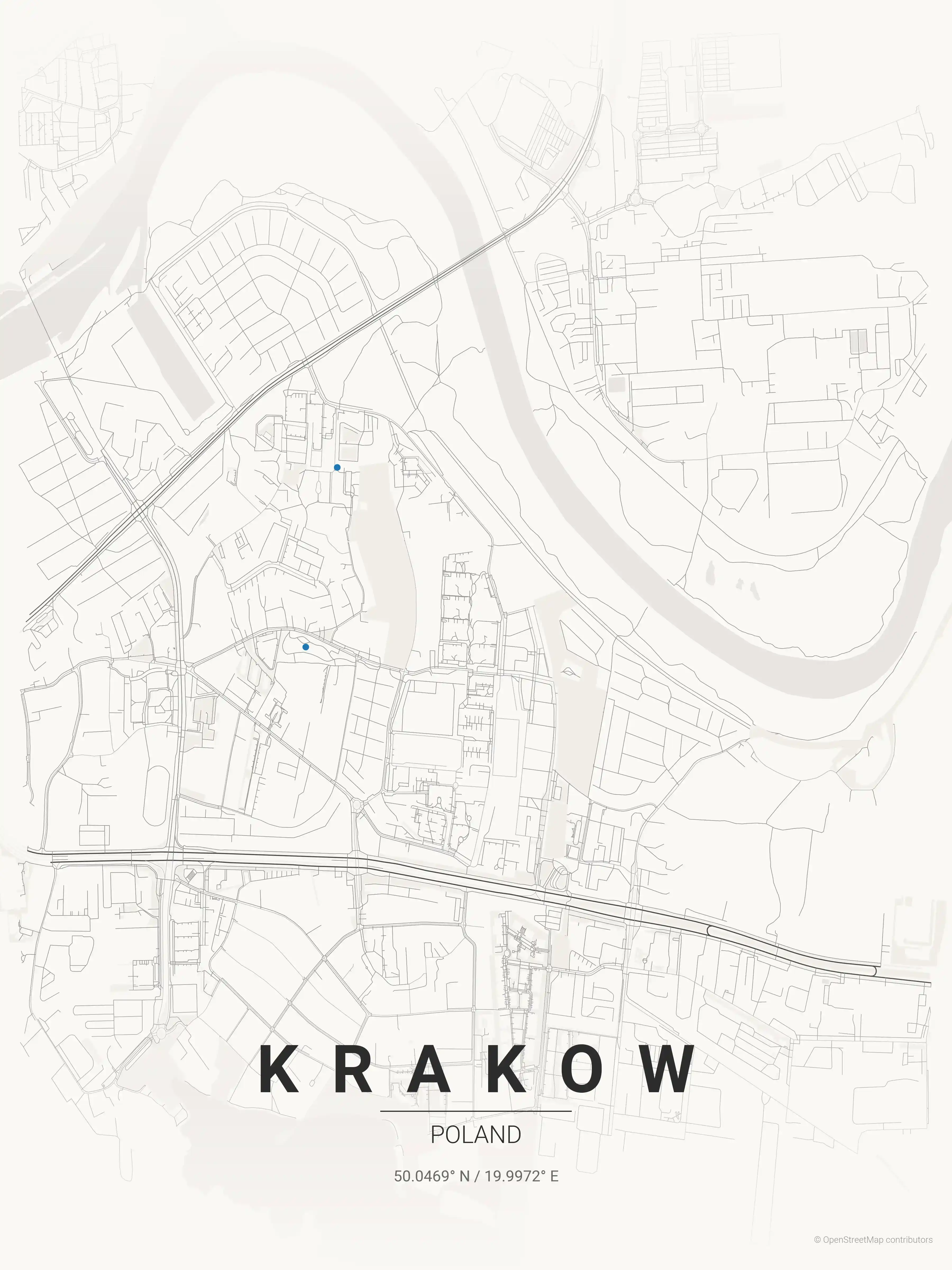 Minimalist japanese_ink street map of Krakow, Poland - Urban grid art