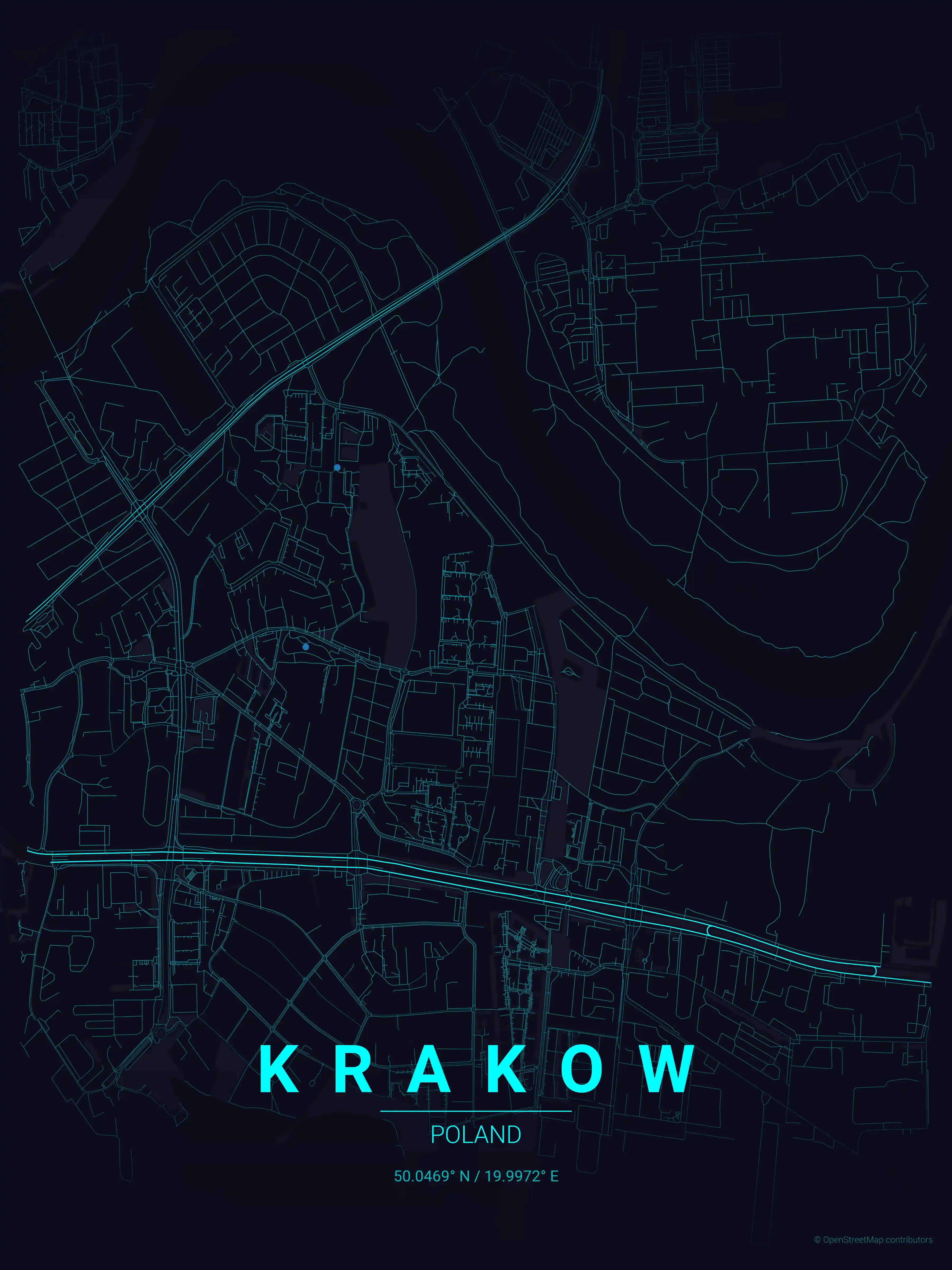 Minimalist neon_cyberpunk street map of Krakow, Poland - Urban grid art