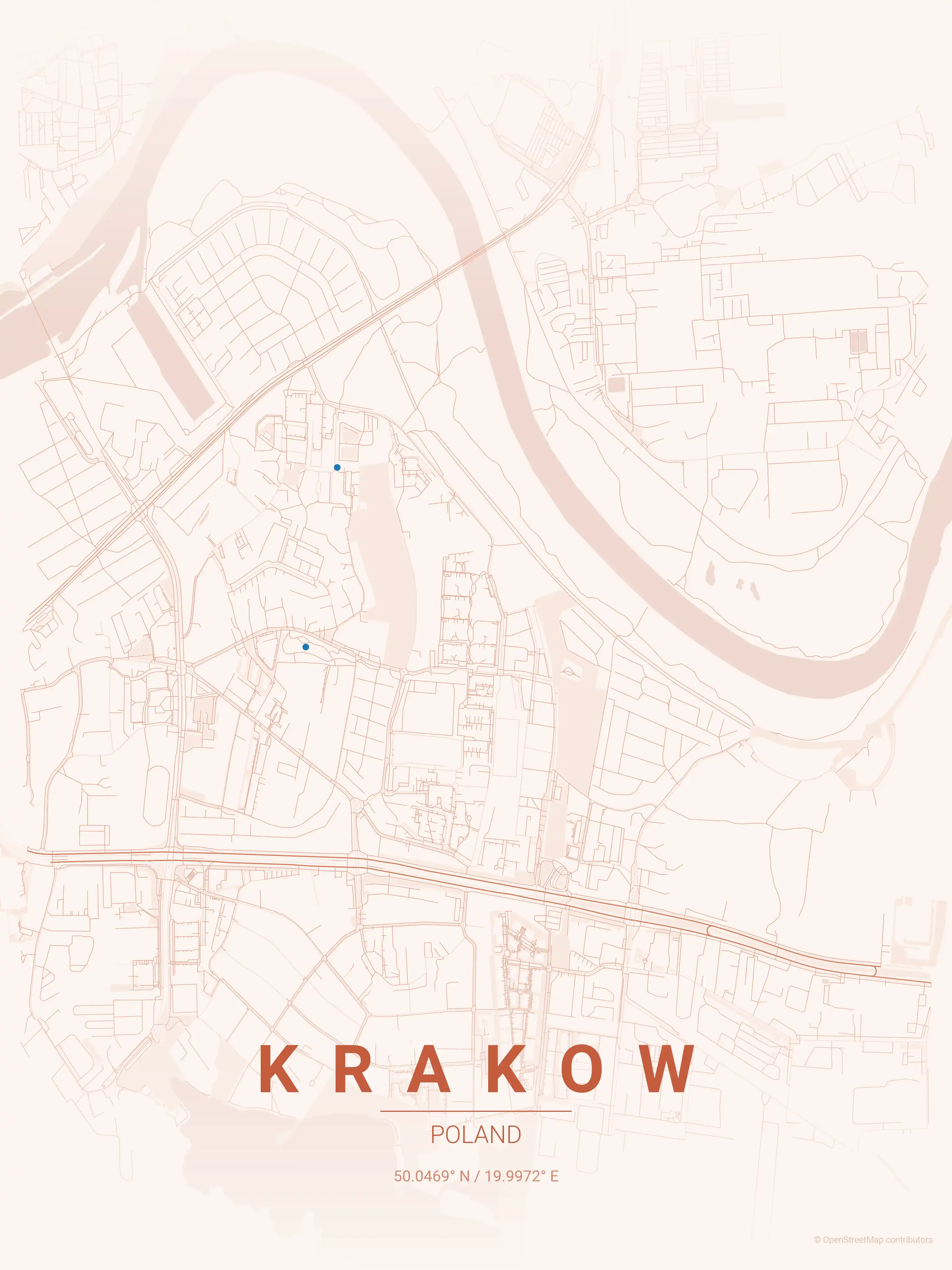 Minimalist sunset street map of Krakow, Poland - Urban grid art