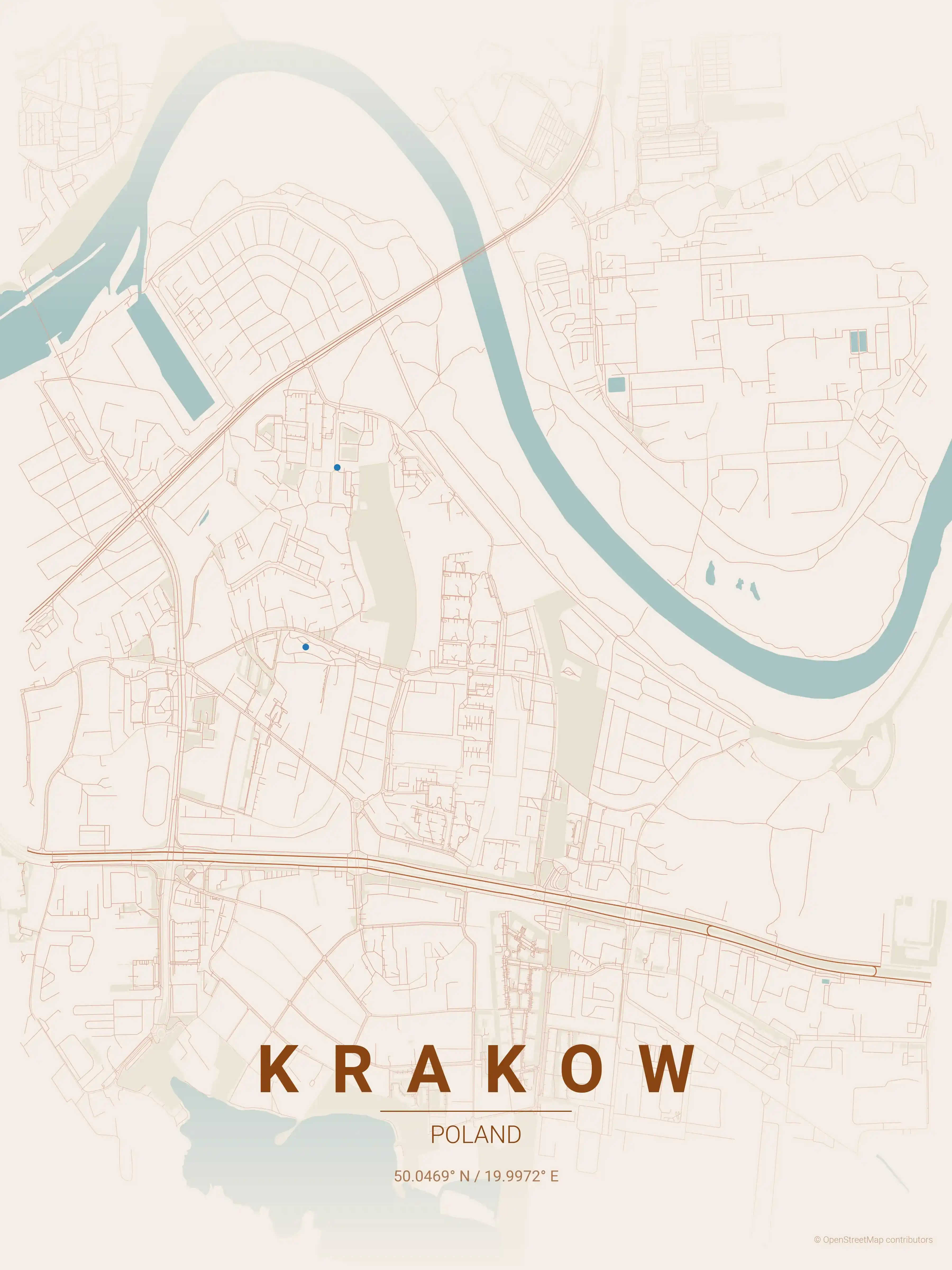 Minimalist terracotta street map of Krakow, Poland - Urban grid art